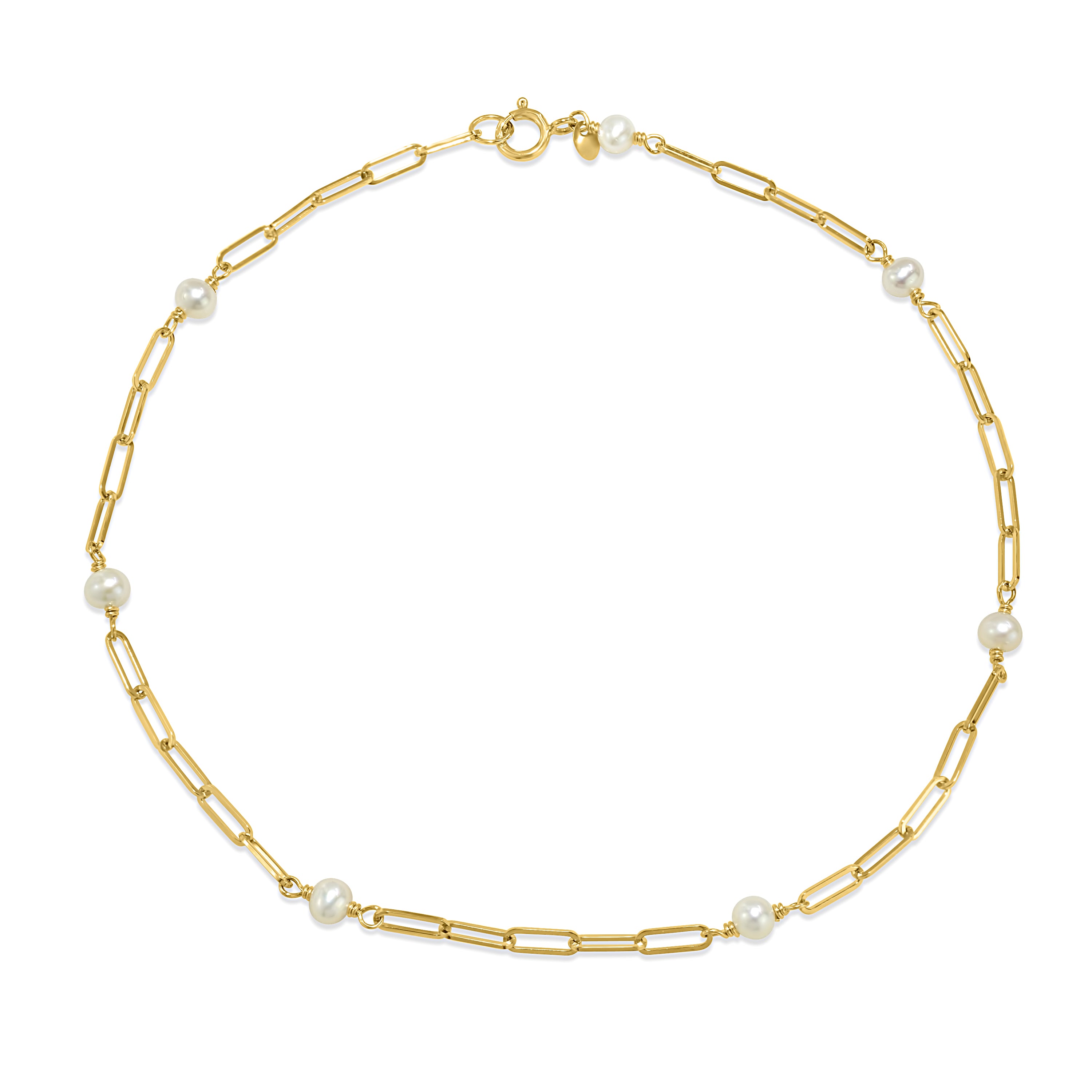 14k Yellow Gold White Pearl 7-Station Paperclip Anklet