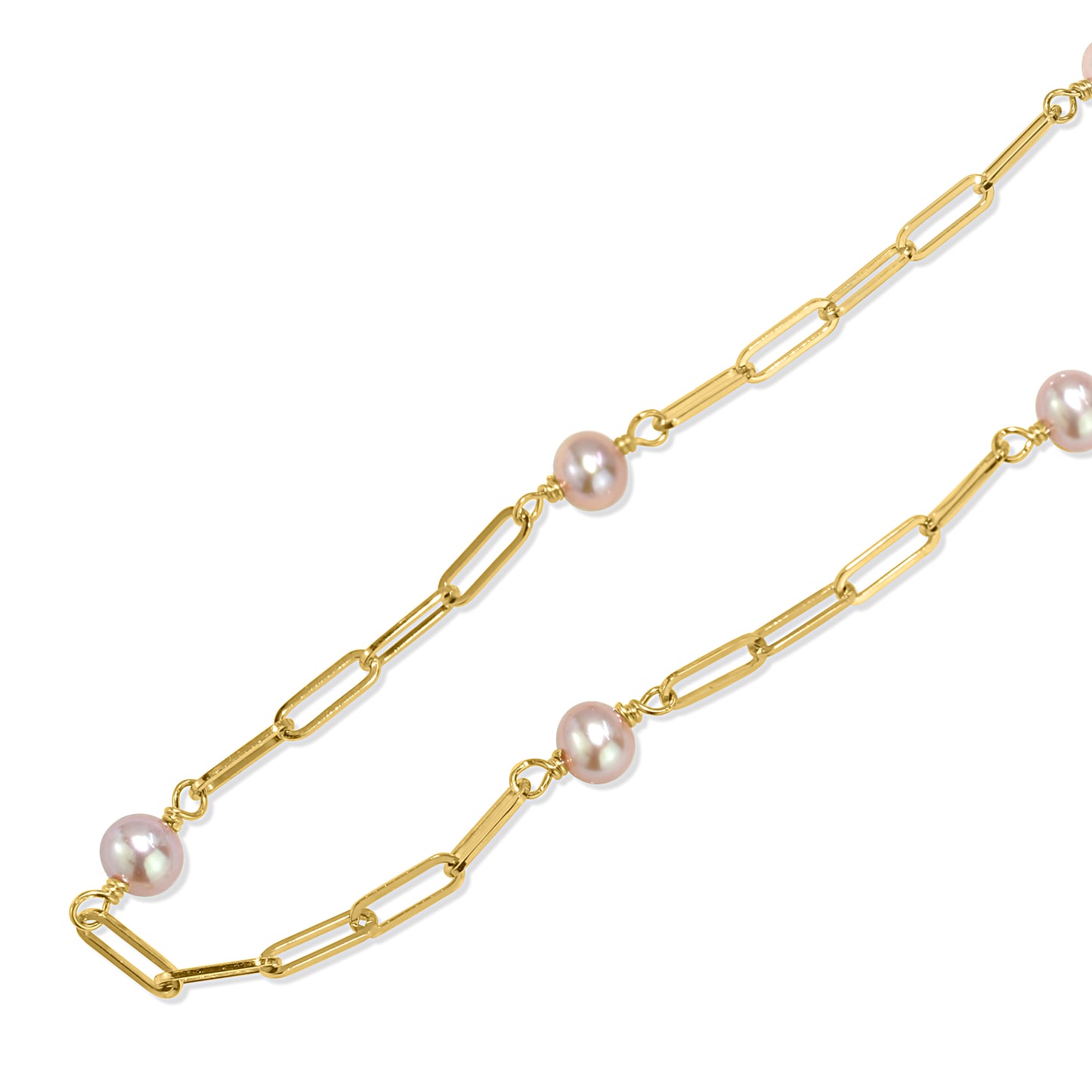 14k Natural Pink Pearl 7-Station Paperclip Anklet