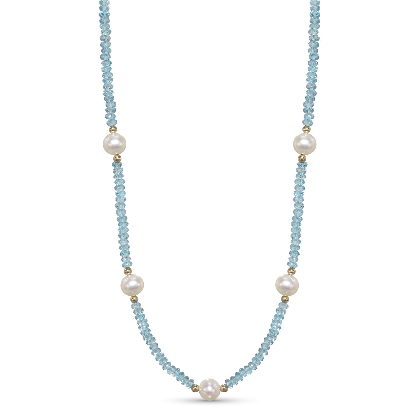 14k Swiss Blue Topaz White Pearl Five Station Necklace