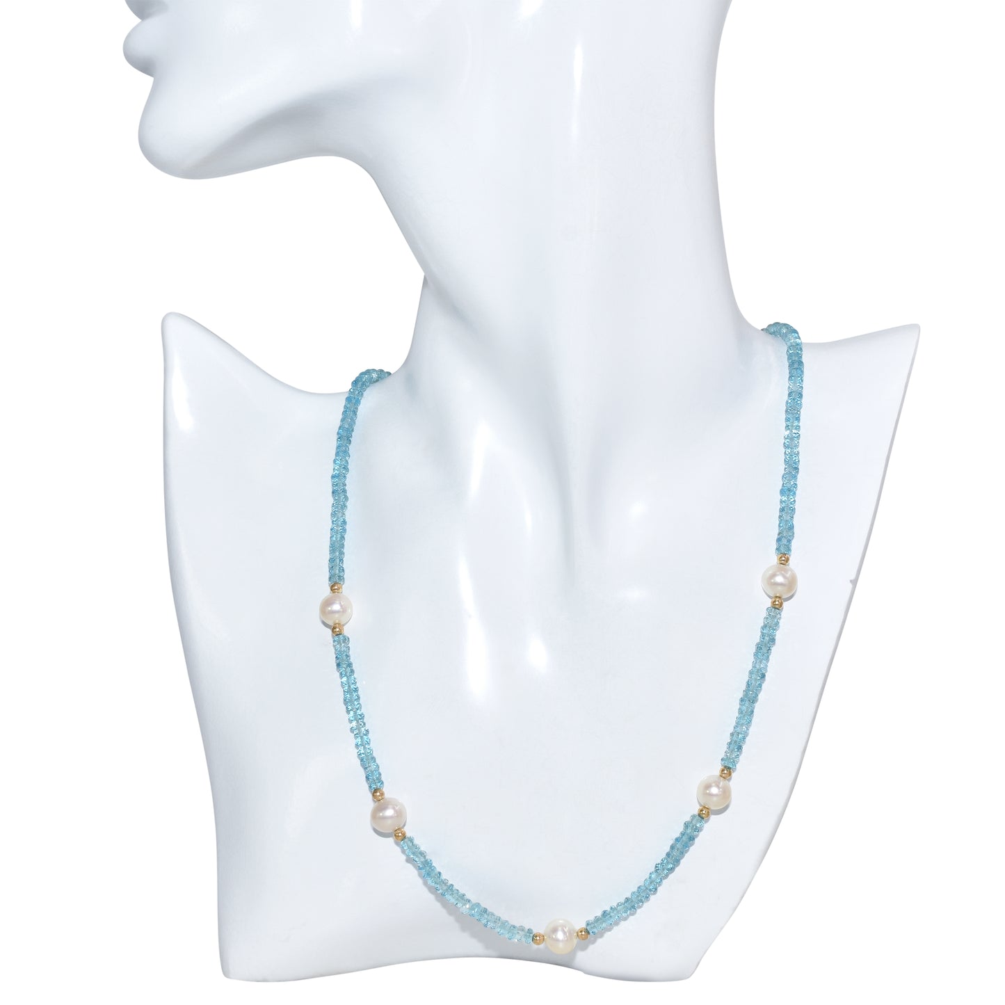 14k Swiss Blue Topaz White Pearl Five Station Necklace