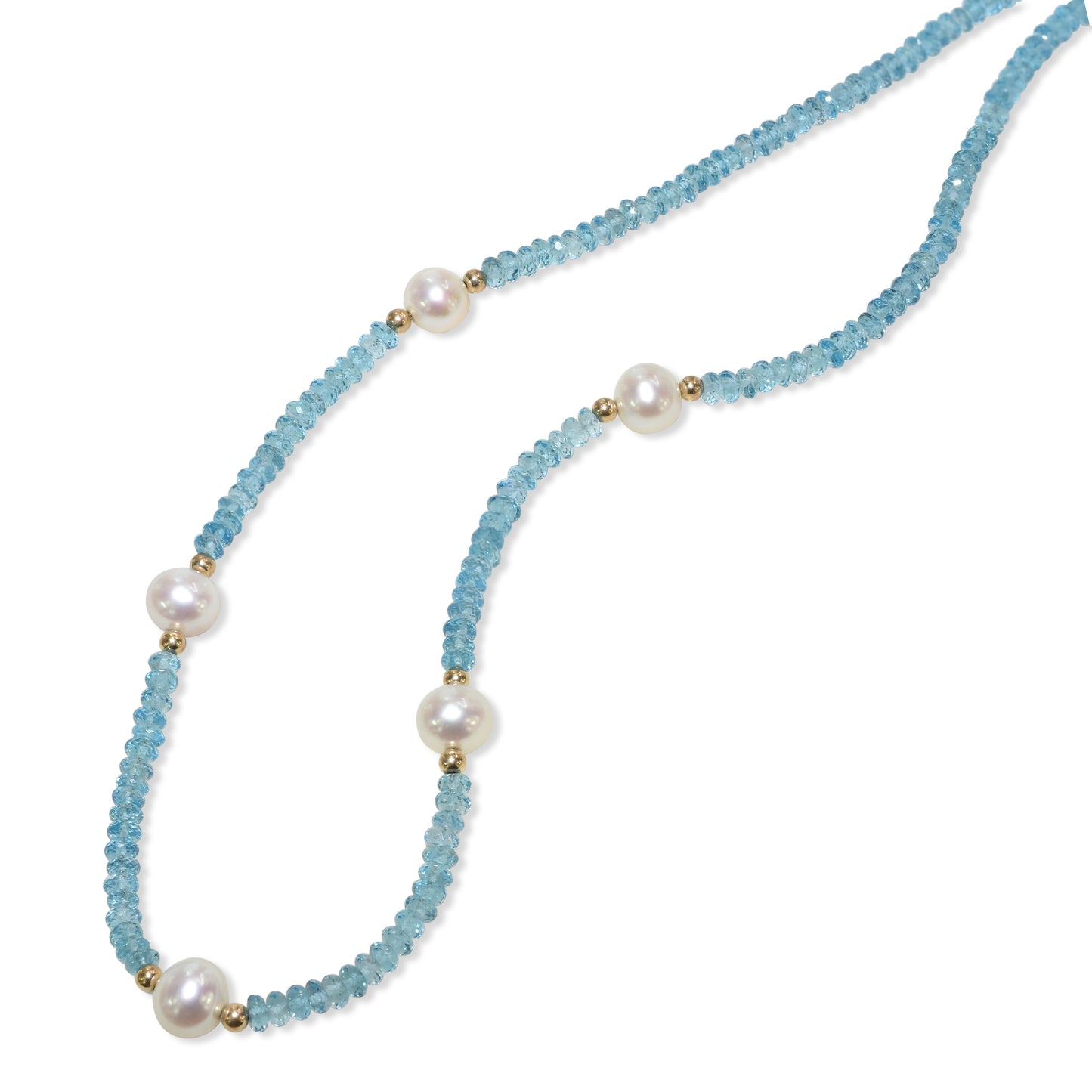 14k Swiss Blue Topaz White Pearl Five Station Necklace
