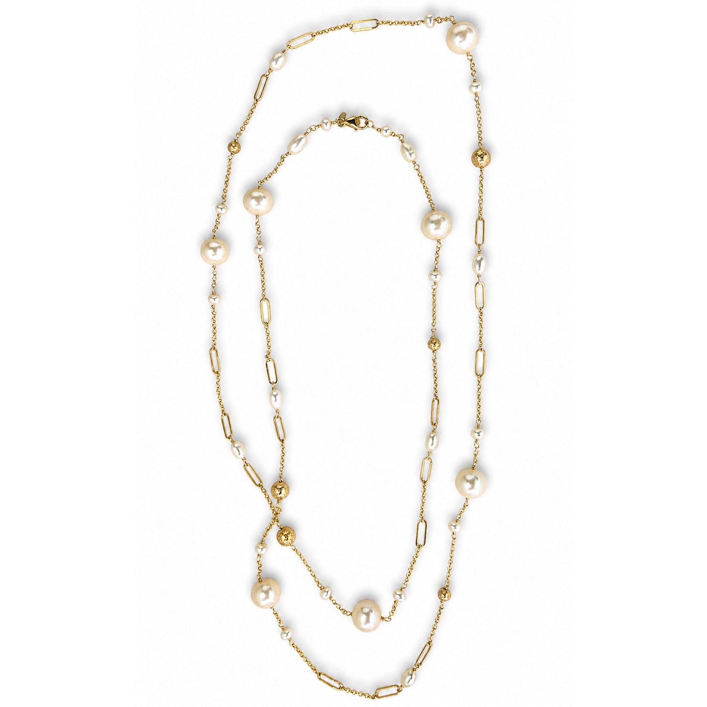 14k White Pearl Paperclip Gold Ball Station Necklace