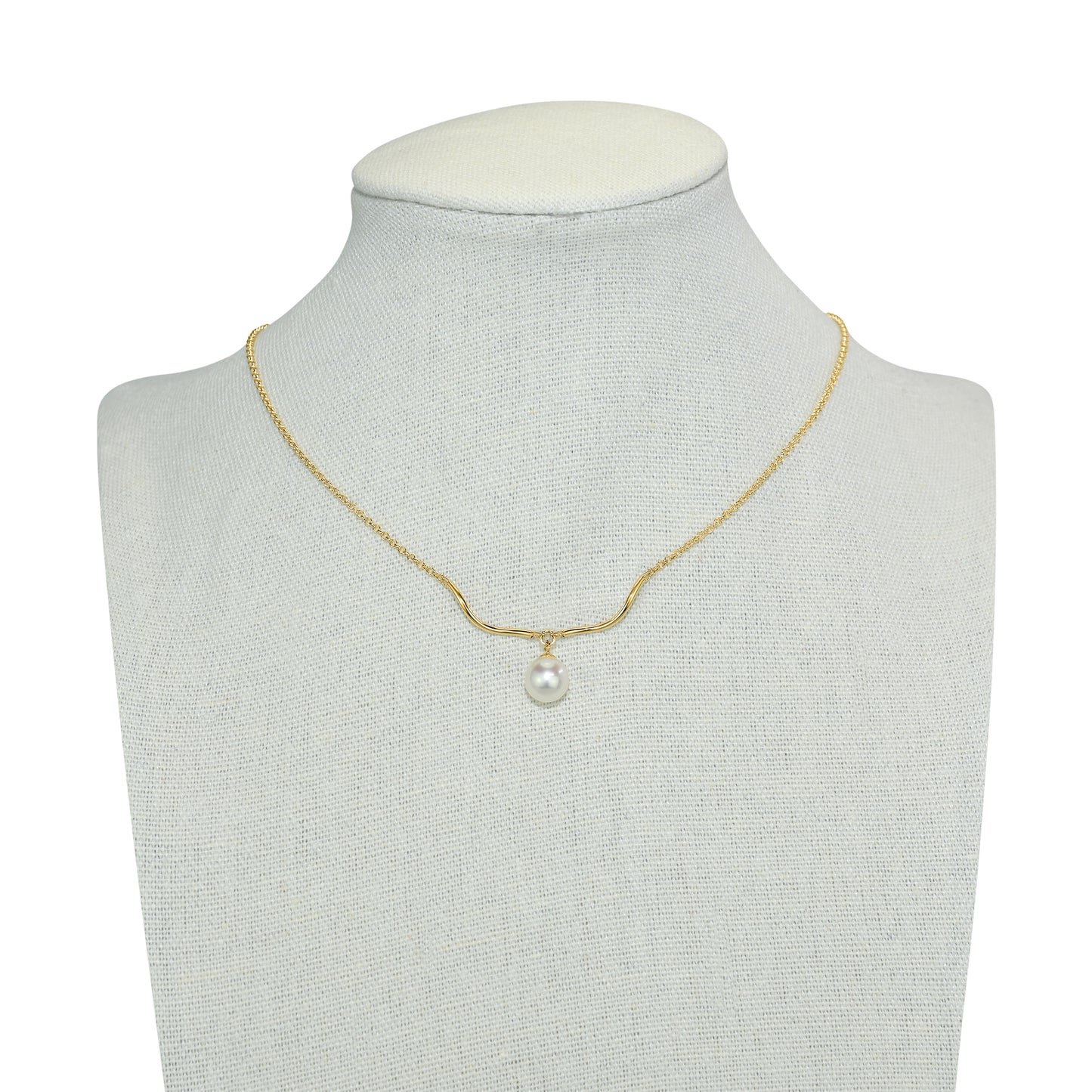 14k White Pearl Drop Wavy Gold Bar Necklace