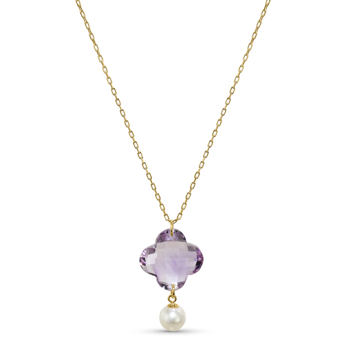 14k Amethyst Clover Pearl Pendant Necklace