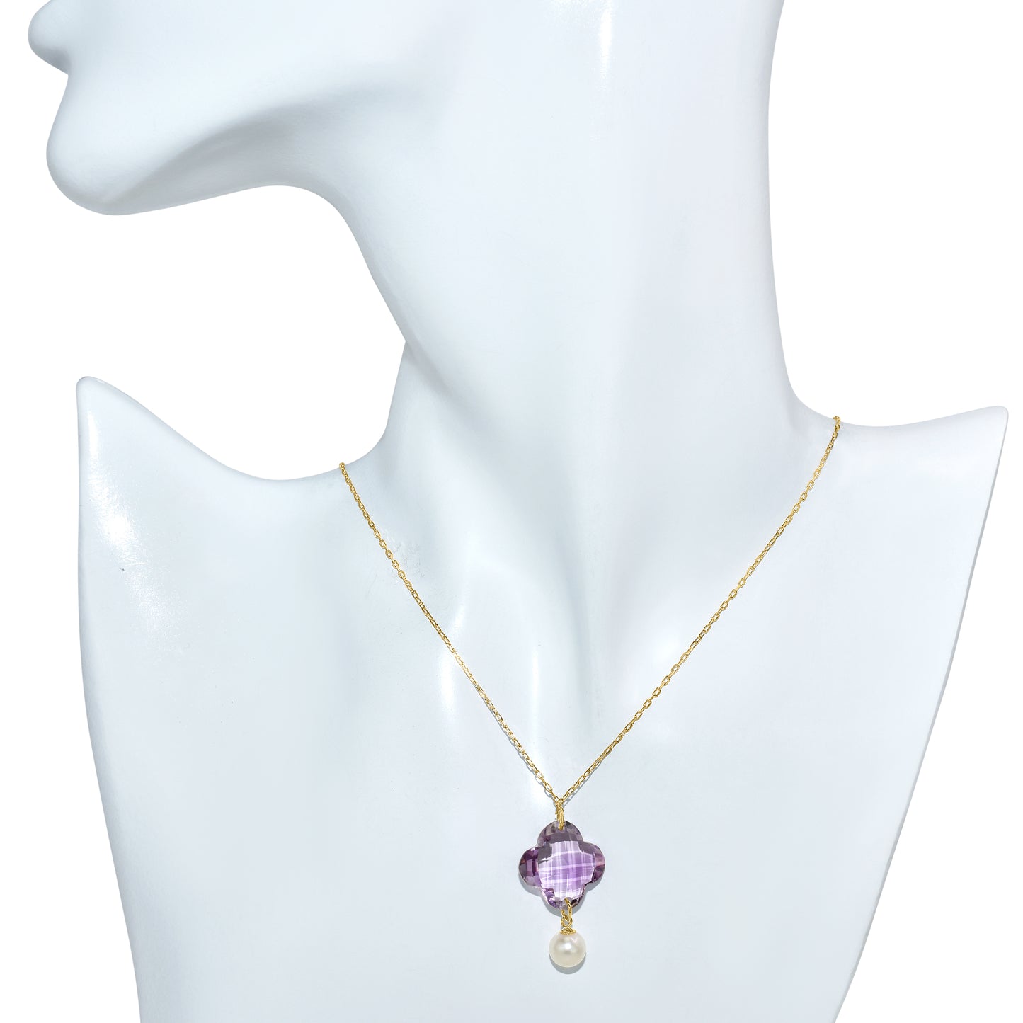 14k Amethyst Clover Pearl Pendant Necklace