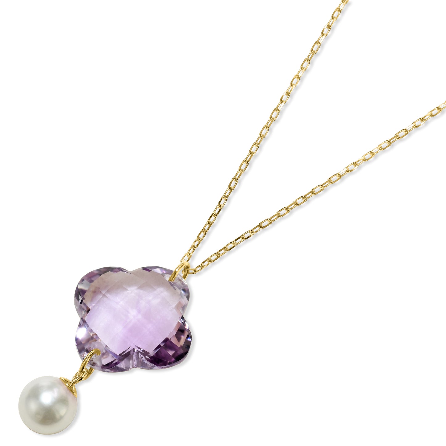 14k Amethyst Clover Pearl Pendant Necklace