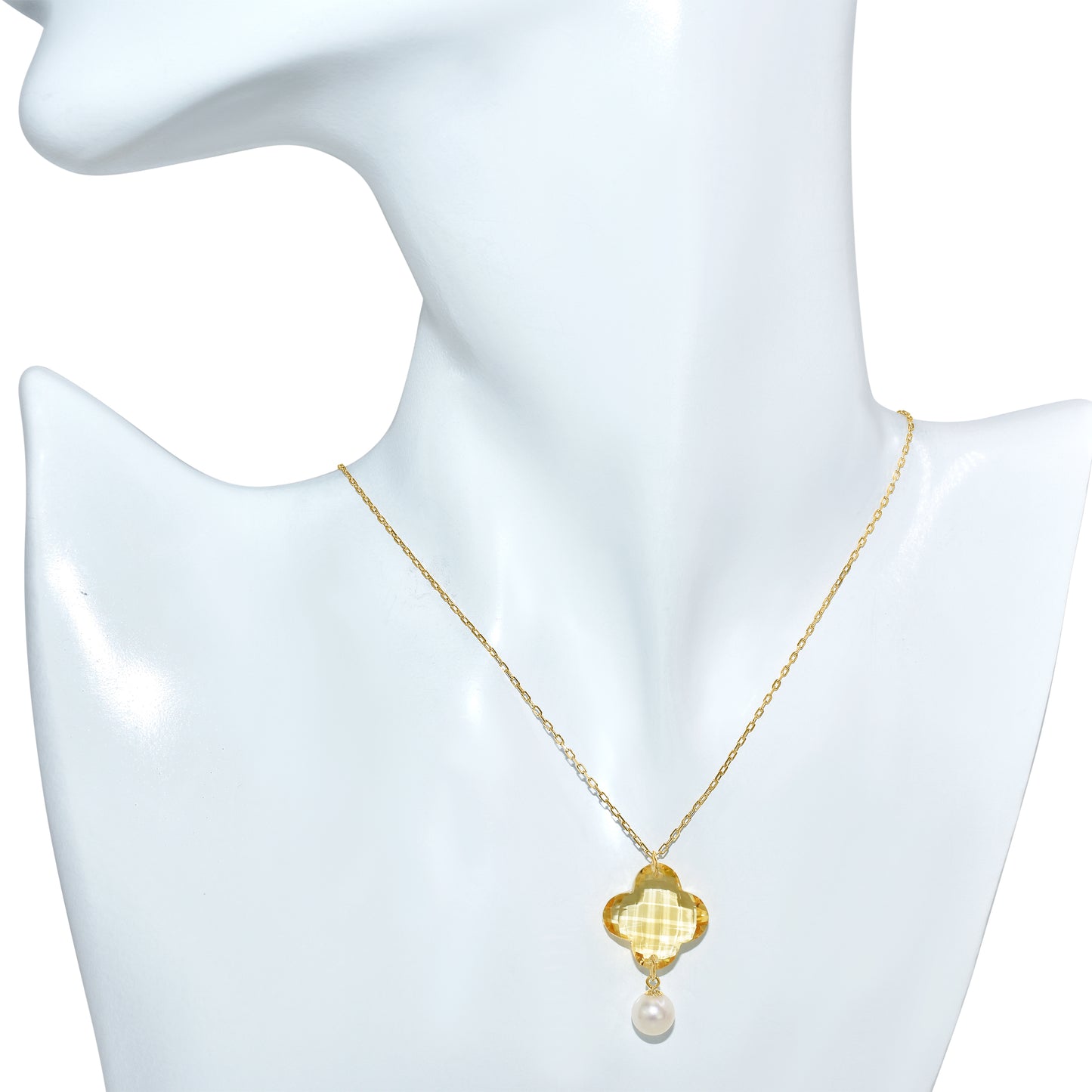 14K Citrine Clover Pearl Pendant Necklace