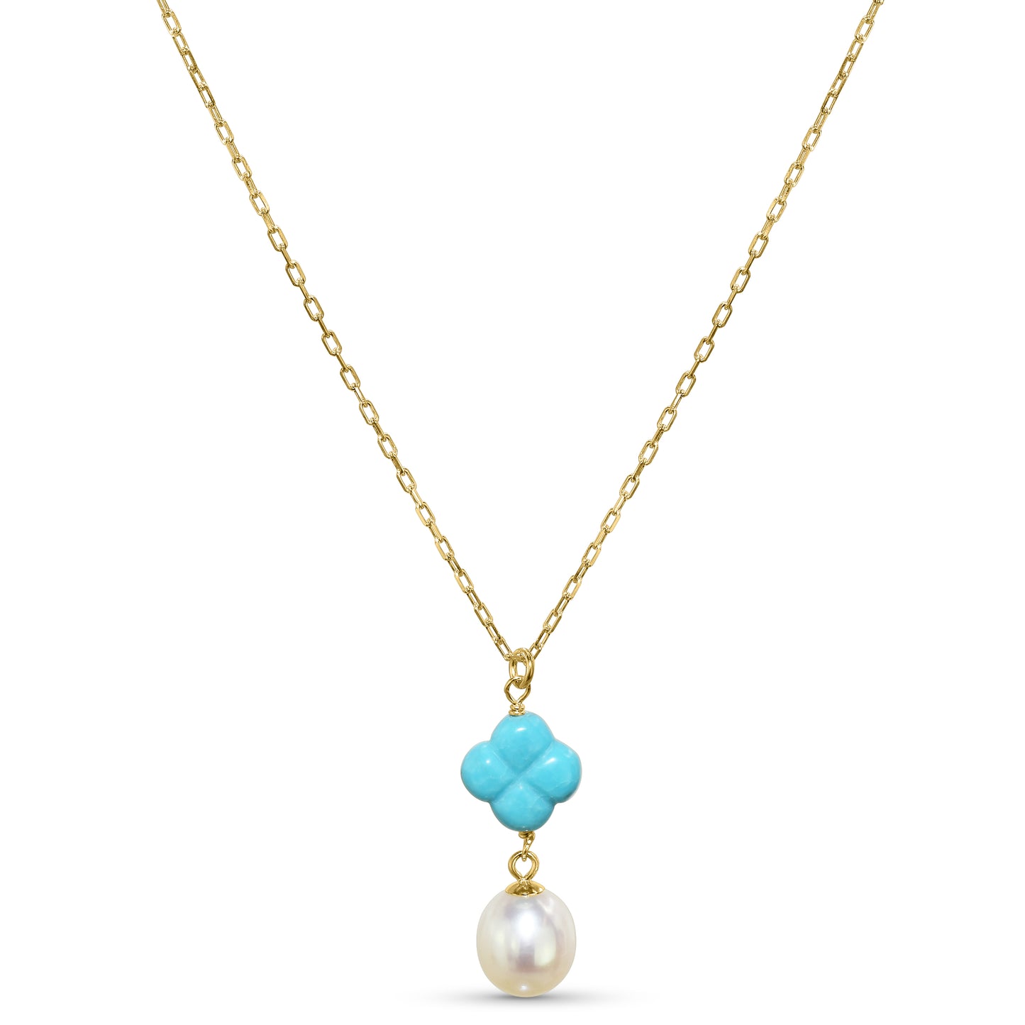 14k Turquoise Clover Pearl Pendant Necklace