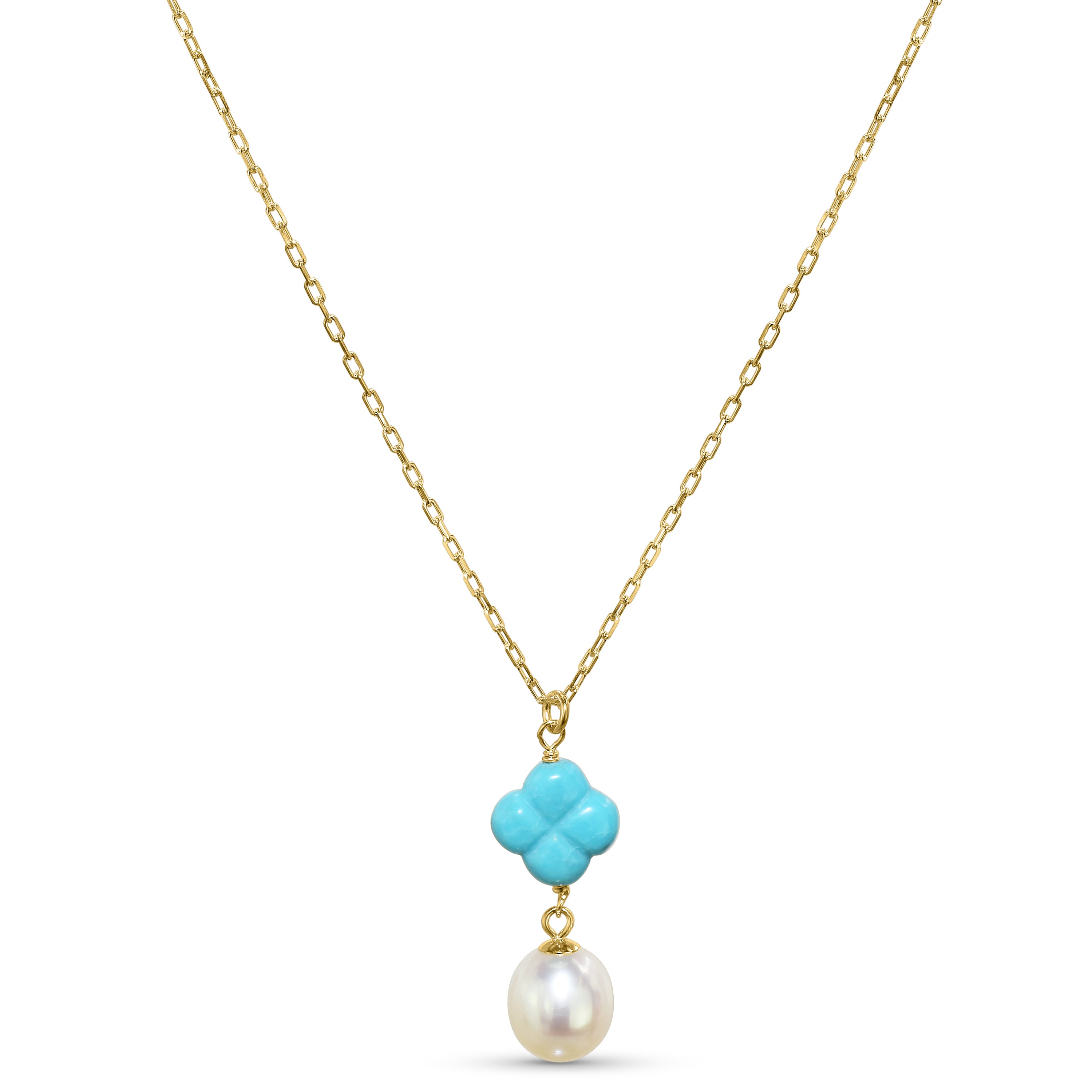 14k Turquoise Clover Pearl Pendant Necklace