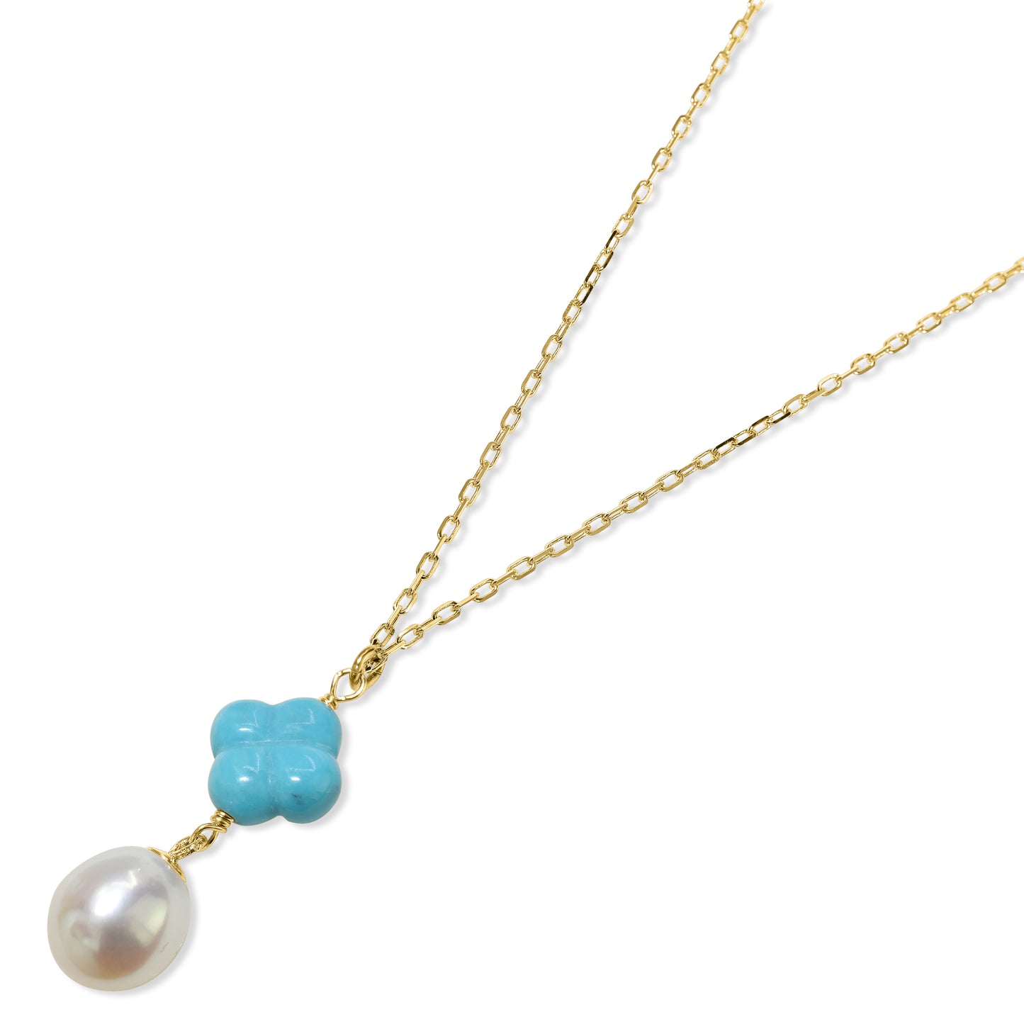14k Turquoise Clover Pearl Pendant Necklace
