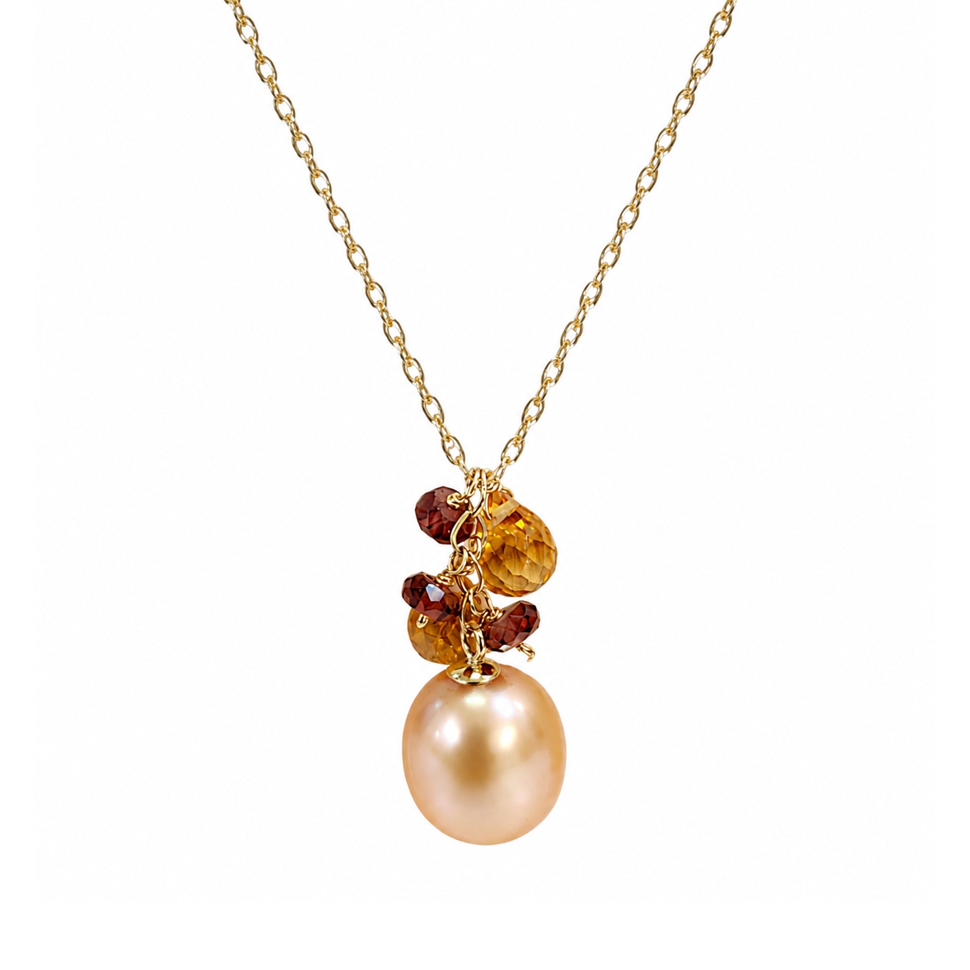 14k Champagne Fresh Water Pearl Garnet Citrine Pendant Necklace