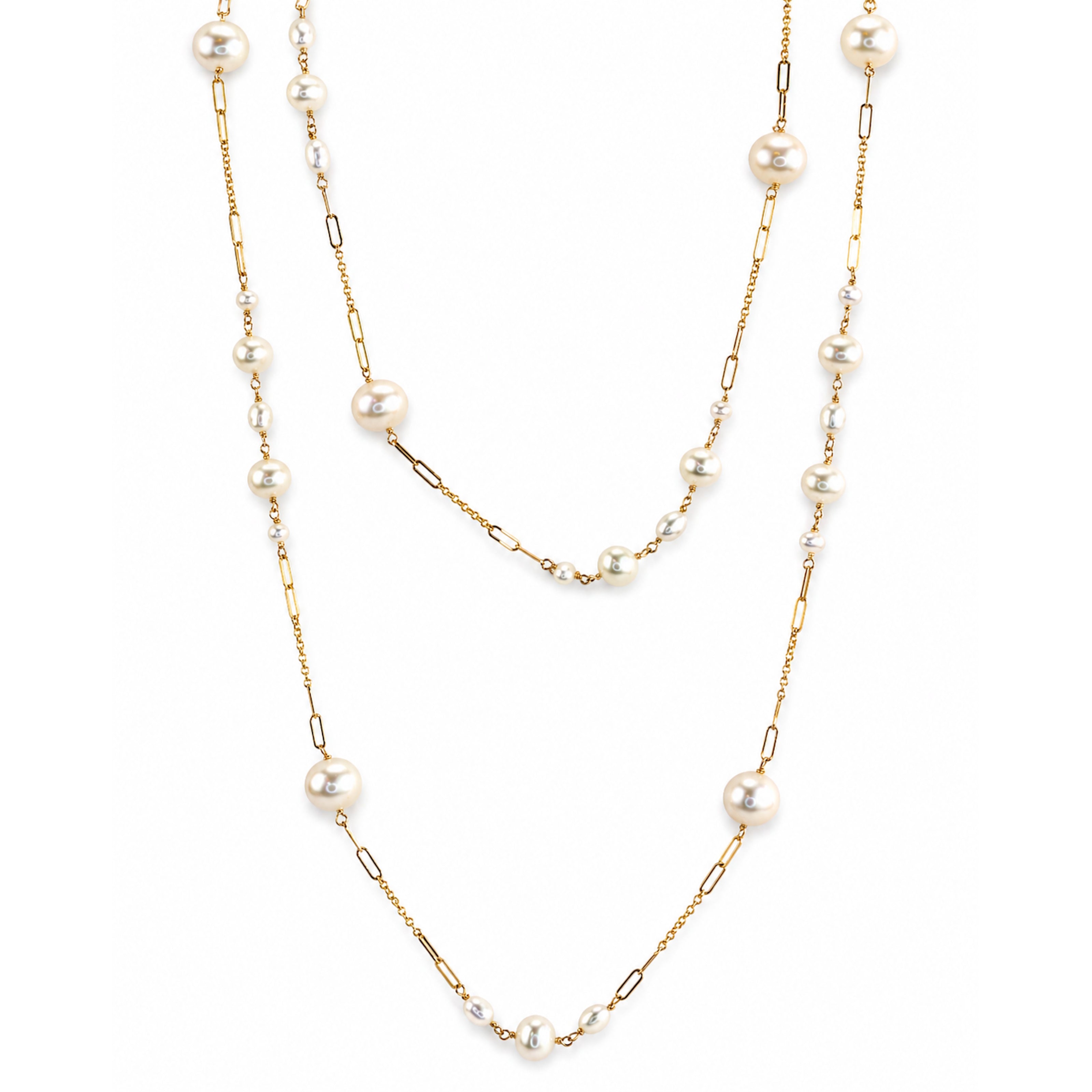 14k White Pearl Paperclip Station Necklace