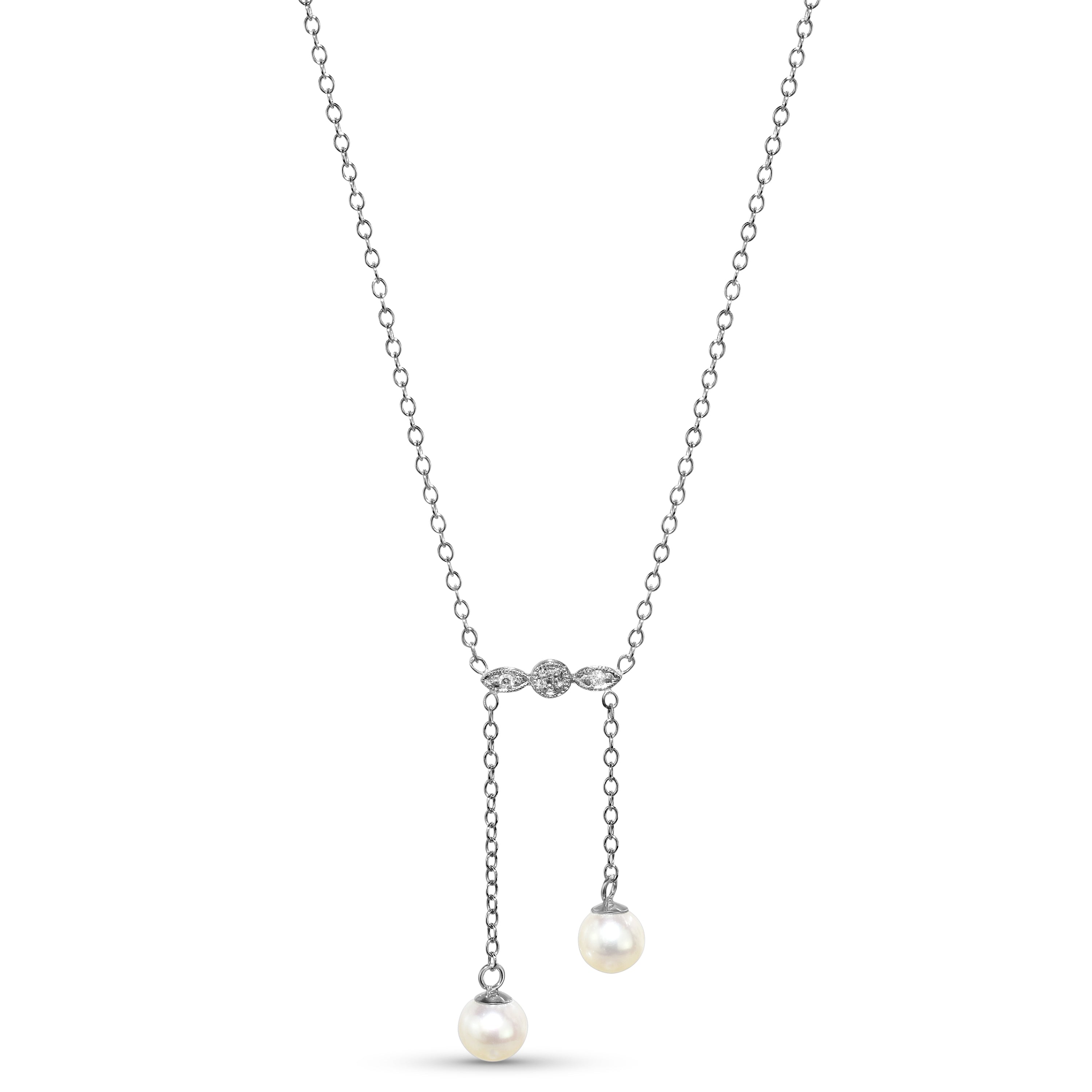 14k White Gold Pearl Diamond 2 Row Drop Necklace