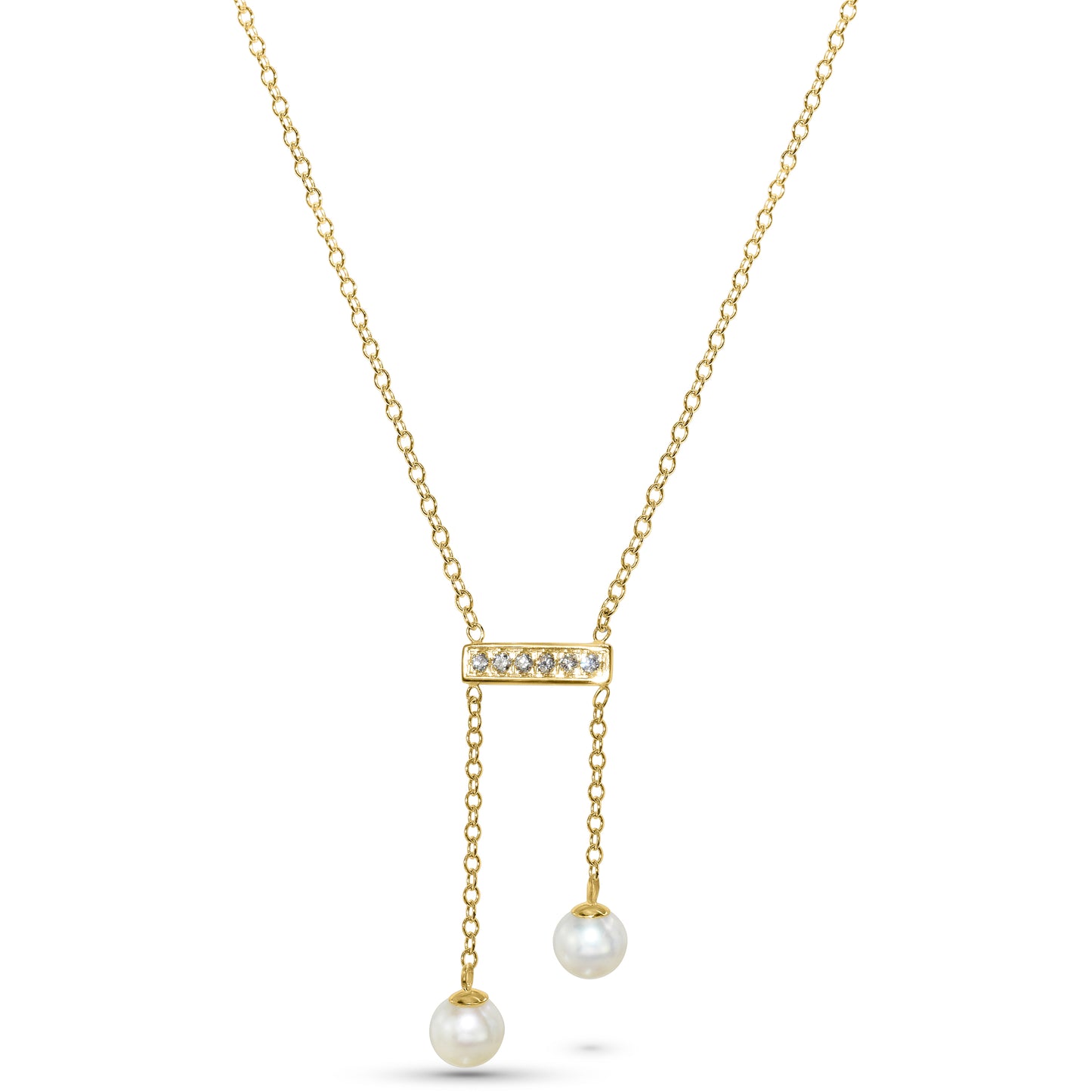 14k White Pearl V Shape Diamond Bar 2 Row Pendant Necklace