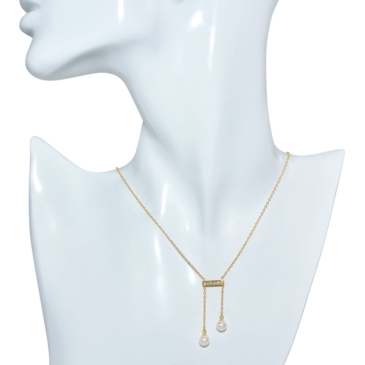 14k White Pearl V Shape Diamond Bar 2 Row Pendant Necklace