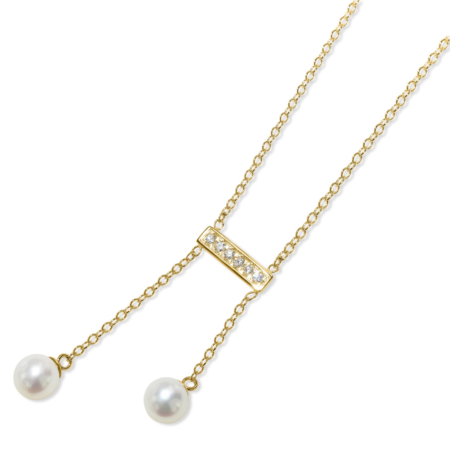 14k White Pearl V Shape Diamond Bar 2 Row Pendant Necklace