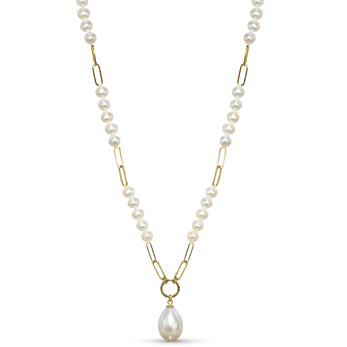 14k White Pearl Paperclip with Drop Pendant Necklace