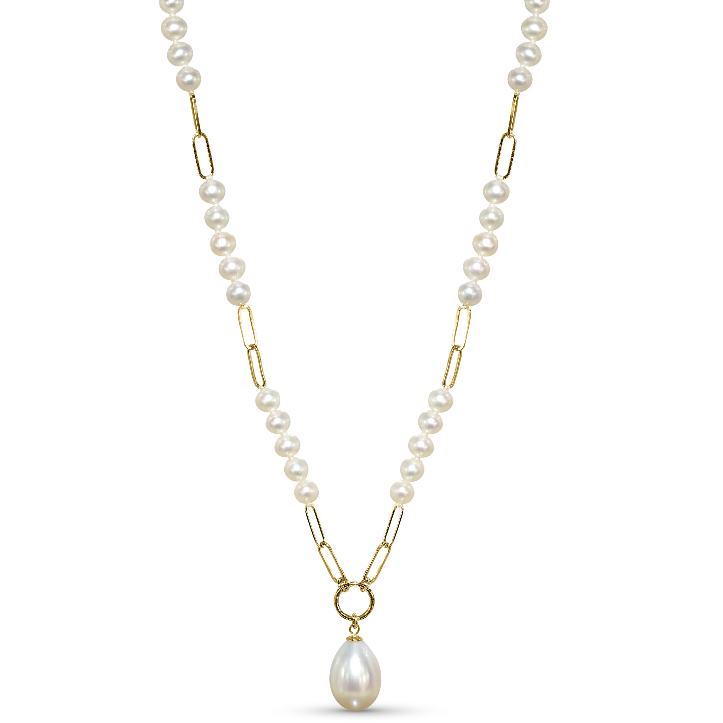 14k White Pearl Paperclip with Drop Pendant Necklace