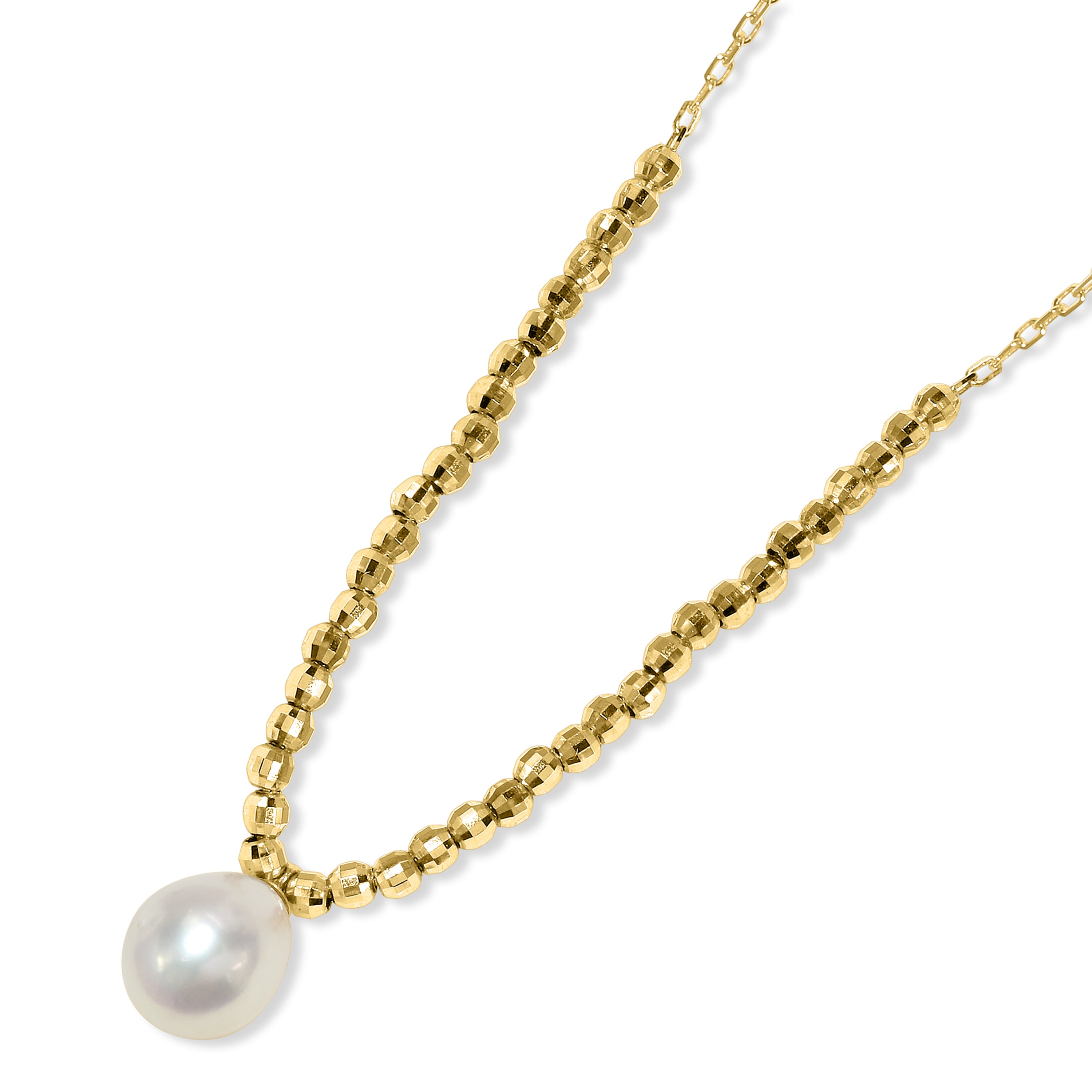 14k White Pearl Drop Faceted Gold Ball Necklace