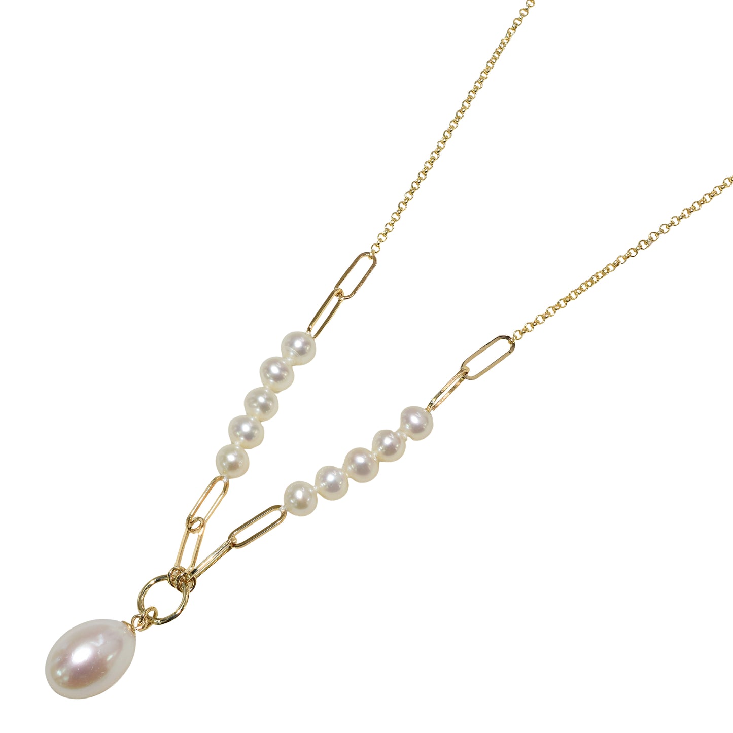 14k White Pearl Drop Paperclip Station Necklace