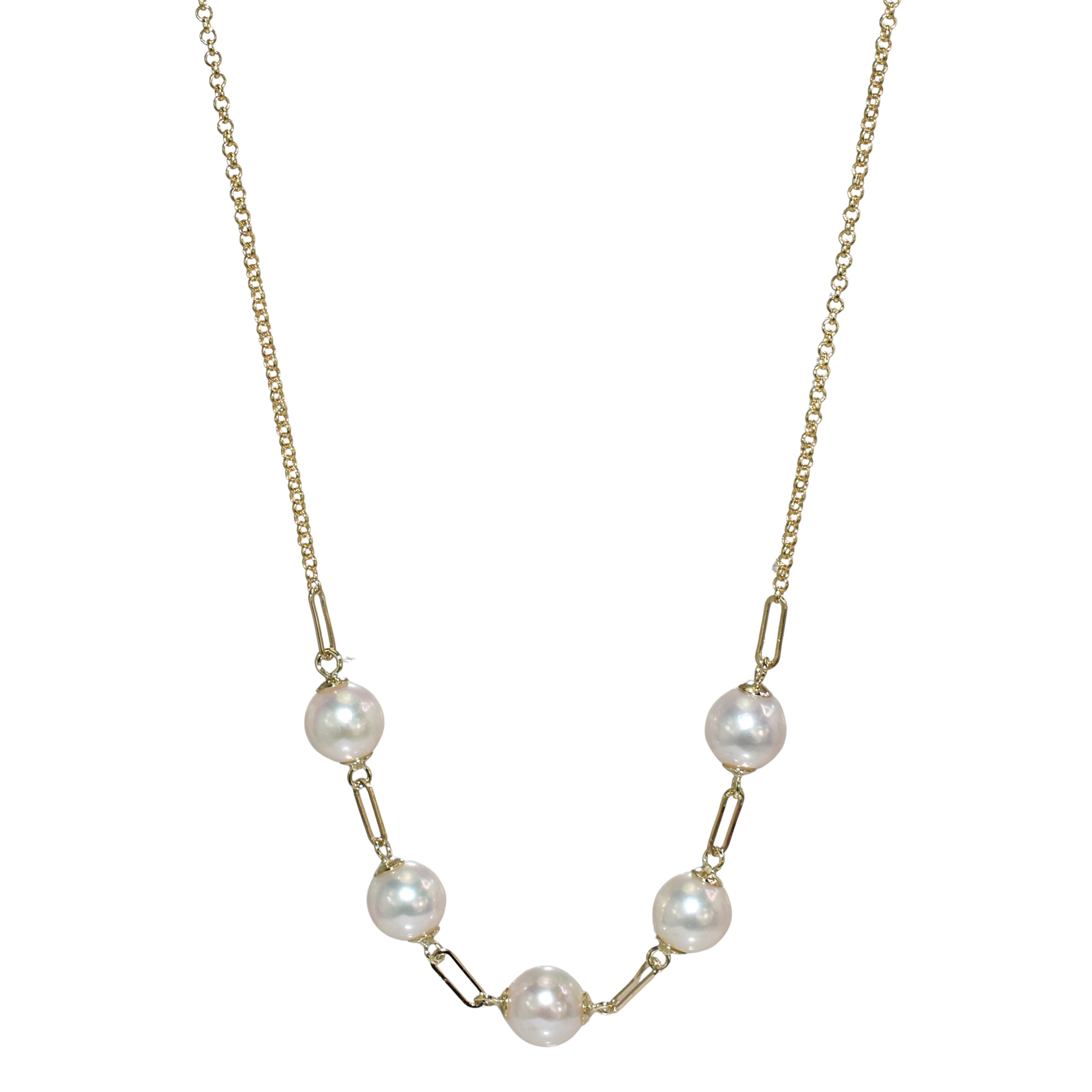 14k White Pearl 5 Piece Paperclip Link Necklace