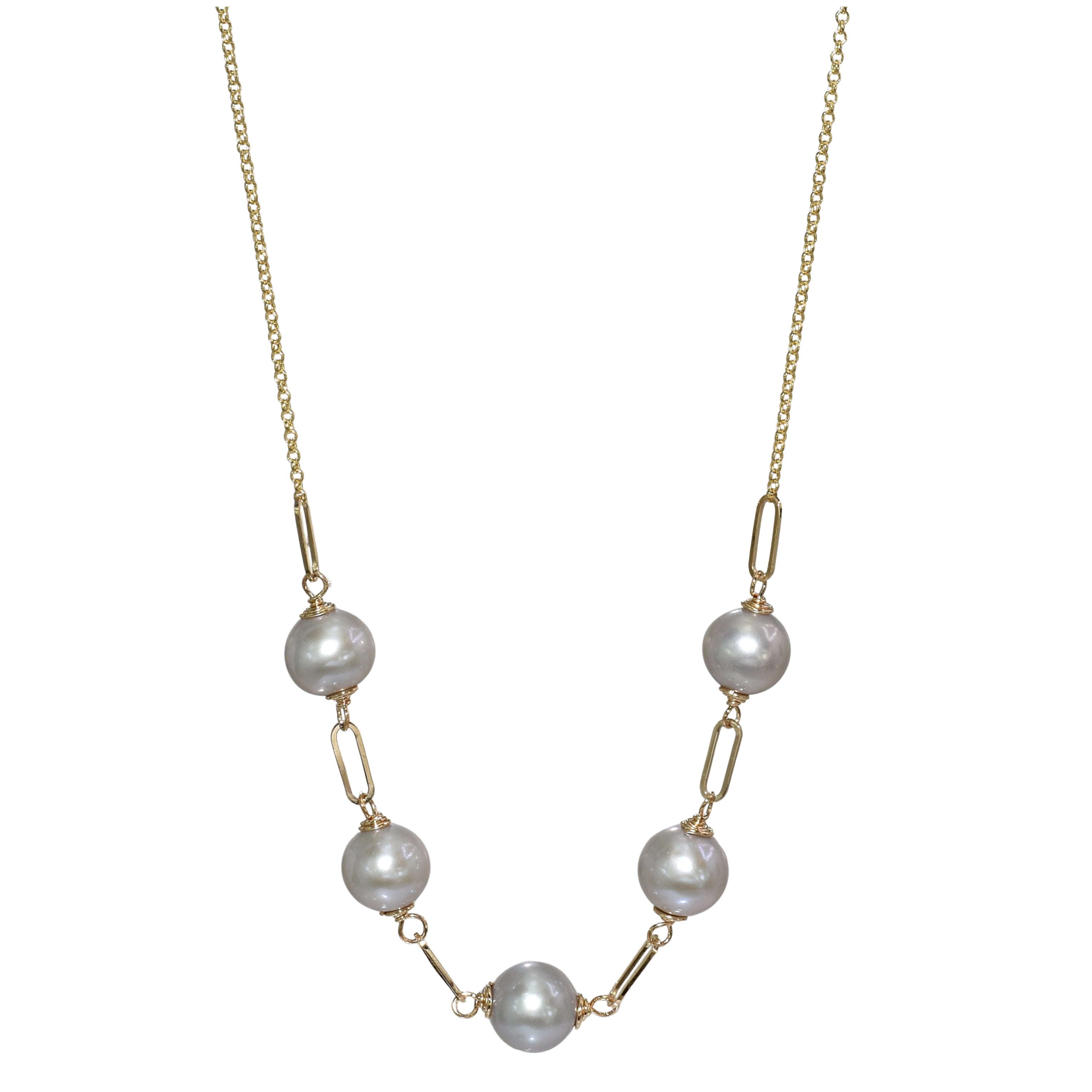 14k Grey Pearl 5 Piece Paperclip Link Necklace