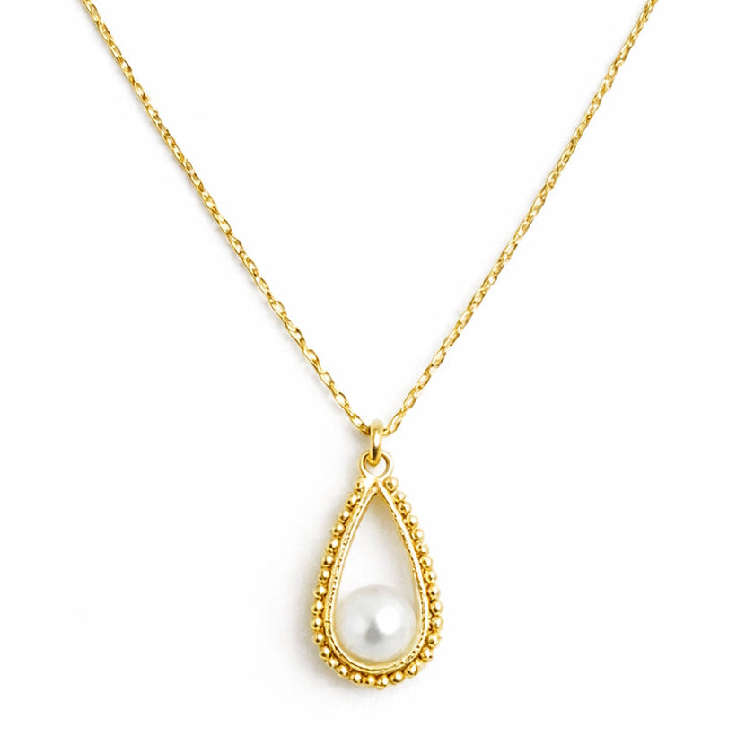 14k White Pearl Open Pear Dot Outline Pendant Necklace