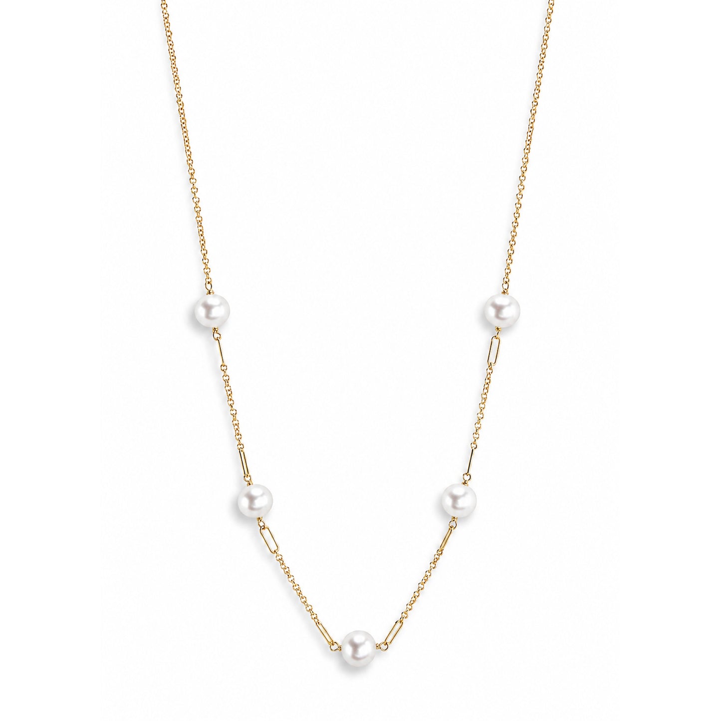 14k White Pearl Paperclip 5 Station Necklace
