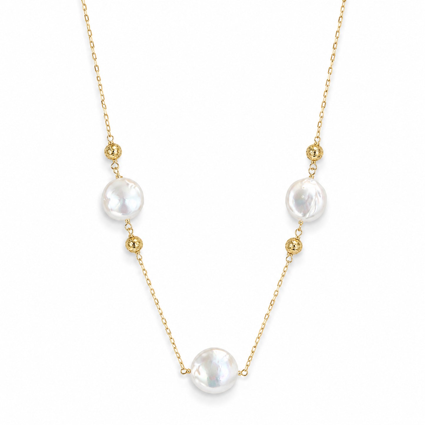 14k White Coin Pearl Gold Ball 3 Station Necklace