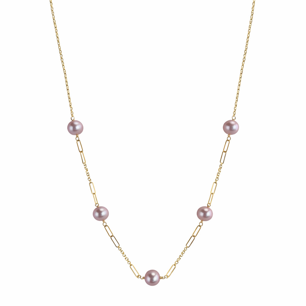14k Natural Pink Pearl Paperclip 5 Station Necklace