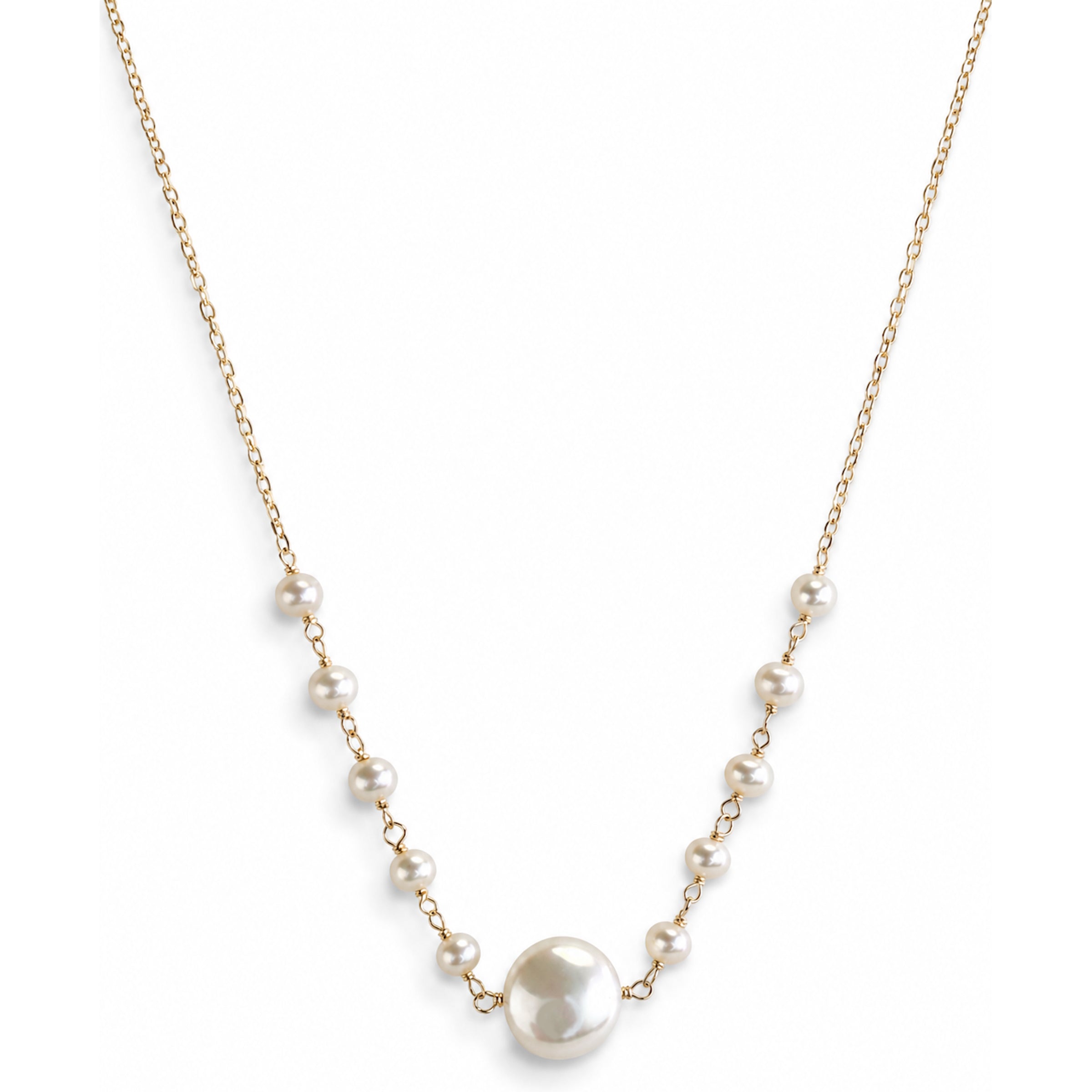14k White Pearl Link Coin Center Necklace