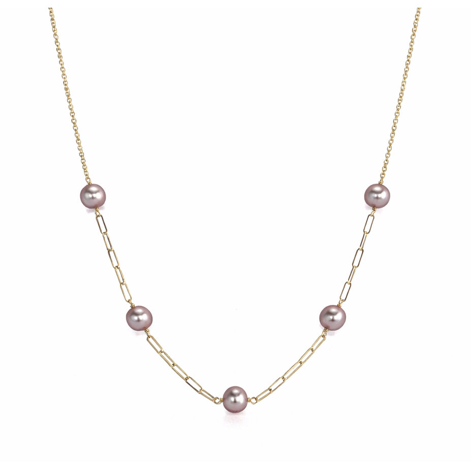 14k Natural Pink Pearl Paperclip 5 Link Necklace