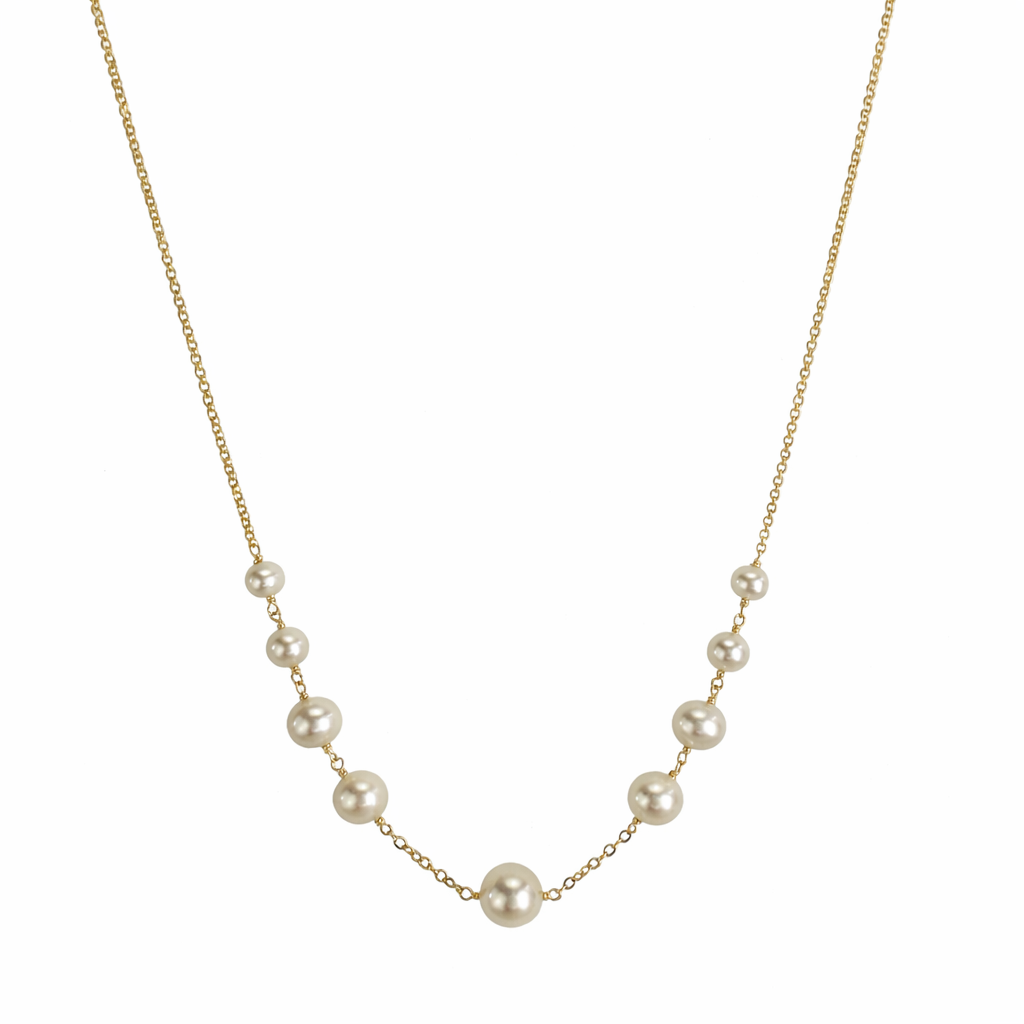 14k White Pearl Graduated Bead Link Center Necklace
