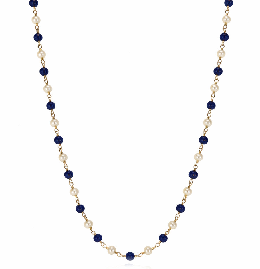 14k White Pearl Lapis 1x1 Link Necklace