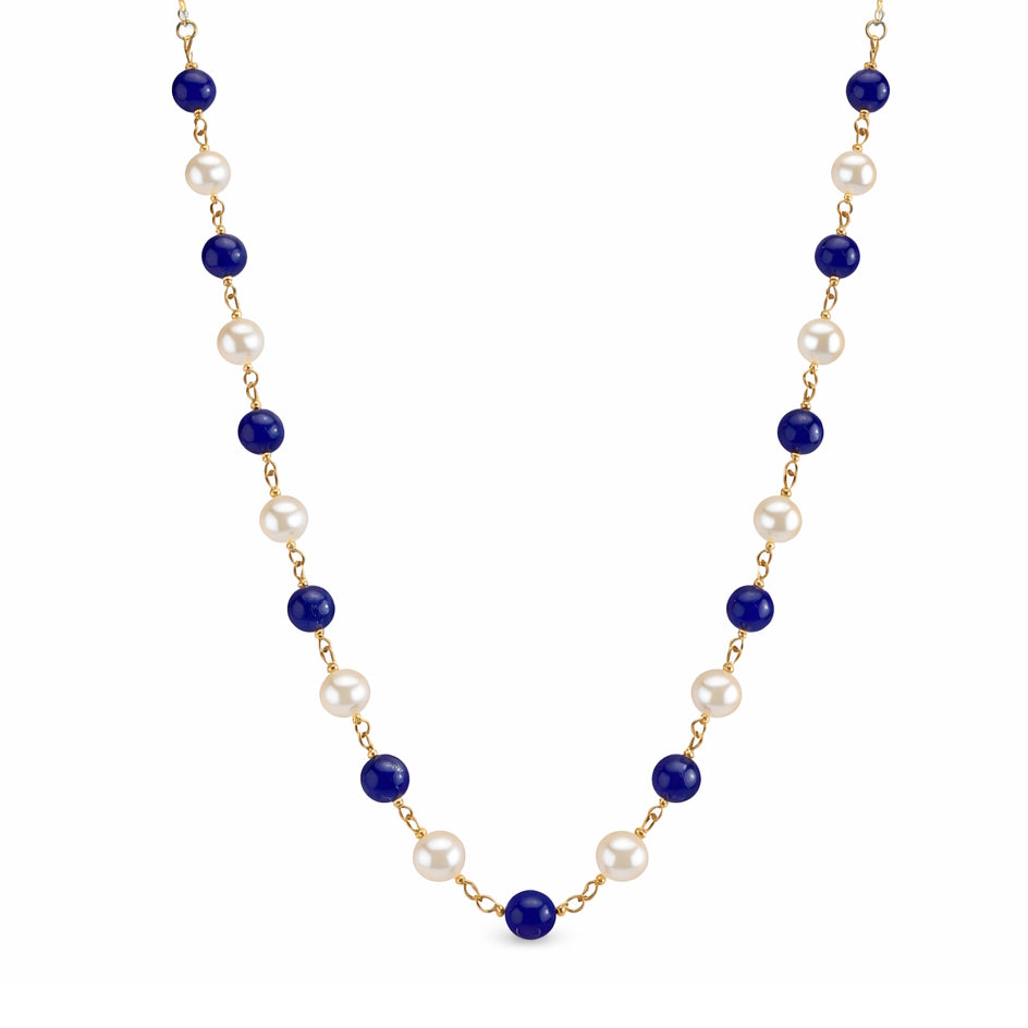 14k White Pearl Lapis 1X1 Link Necklace