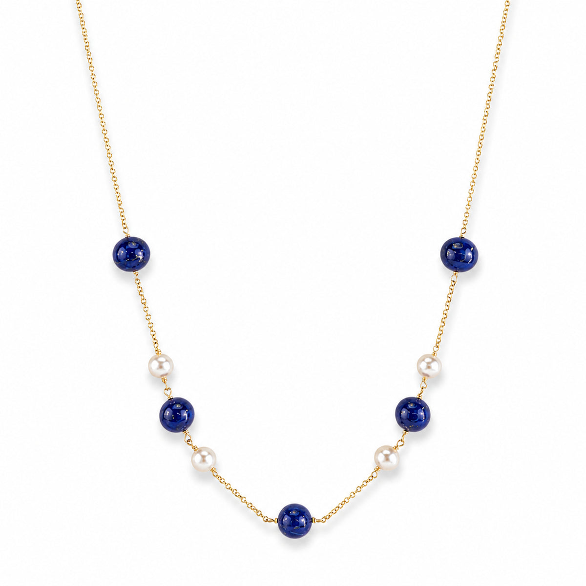 14k White Pearl Lapis Station Necklace