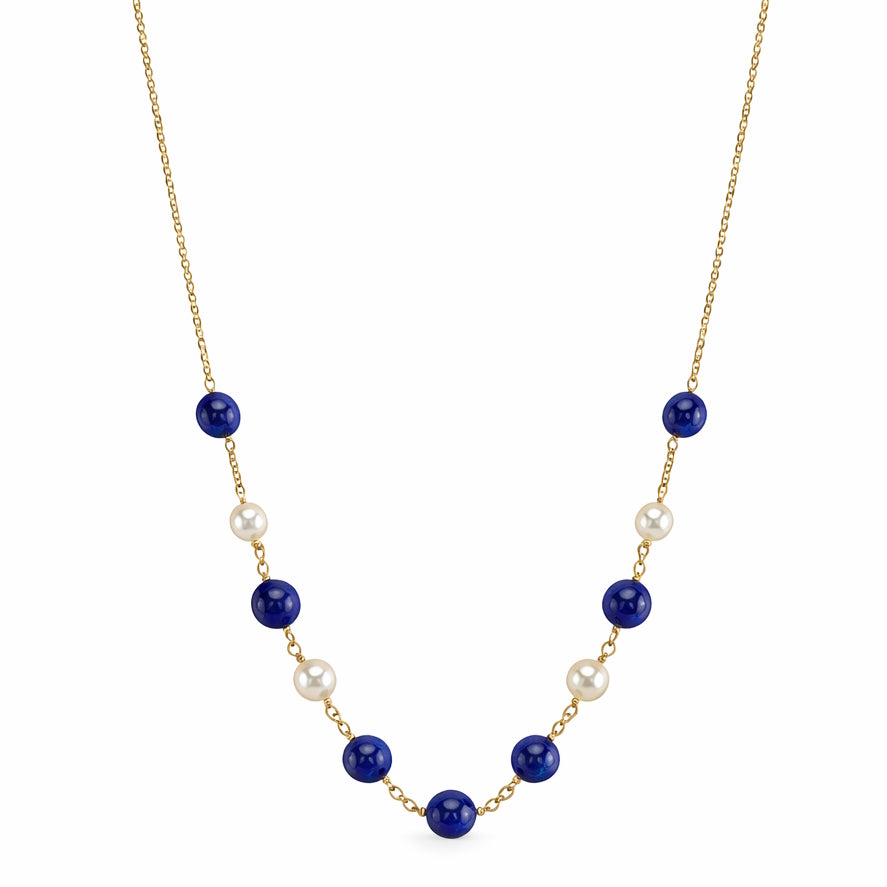 14k White Pearl Lapis Station Necklace