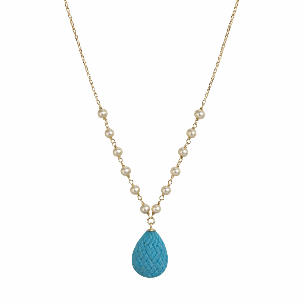 14k White Pearl Link & Turquoise Woven Texture Pear Pendant Necklace