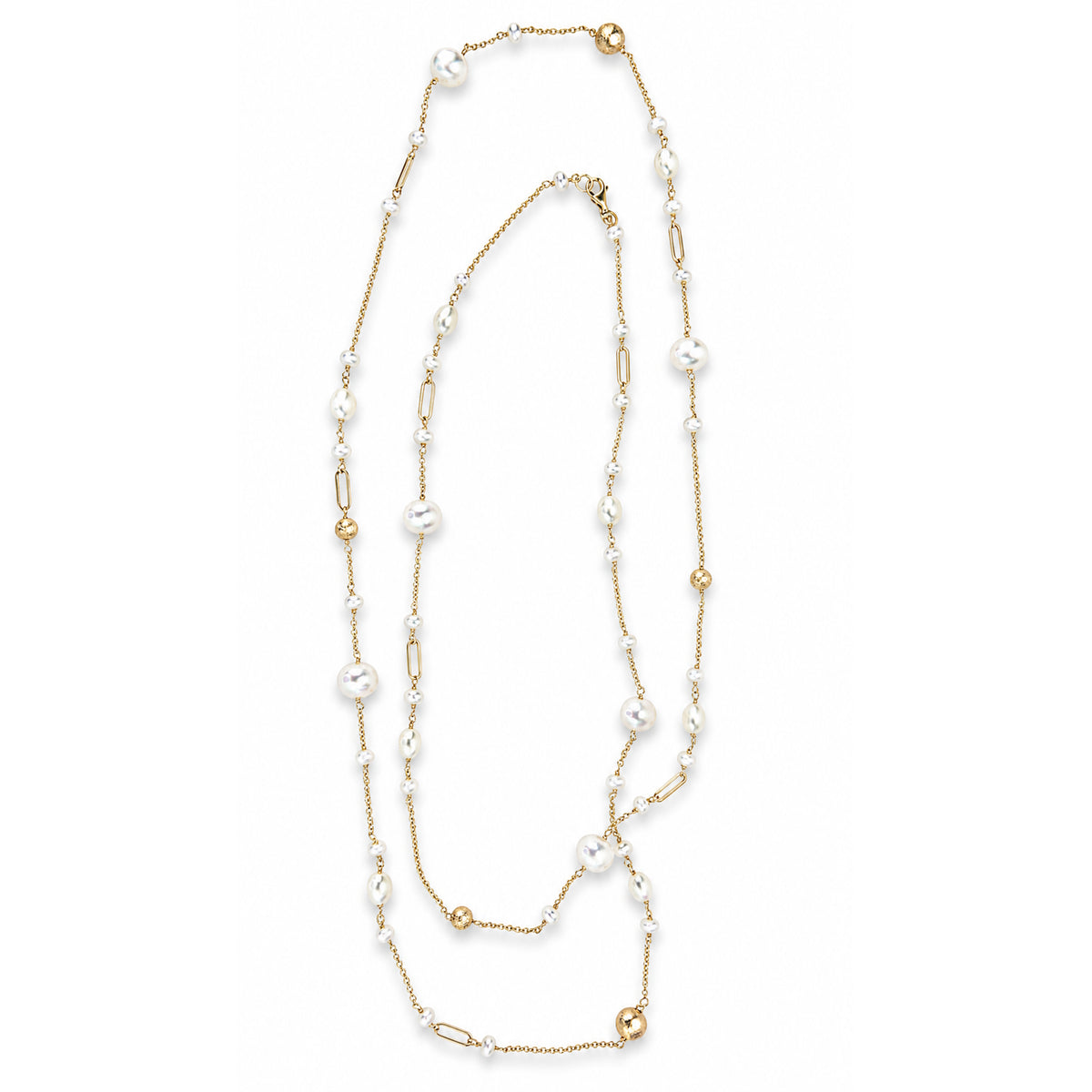 14k White Pearl Gold Ball Paperclip Link Necklace