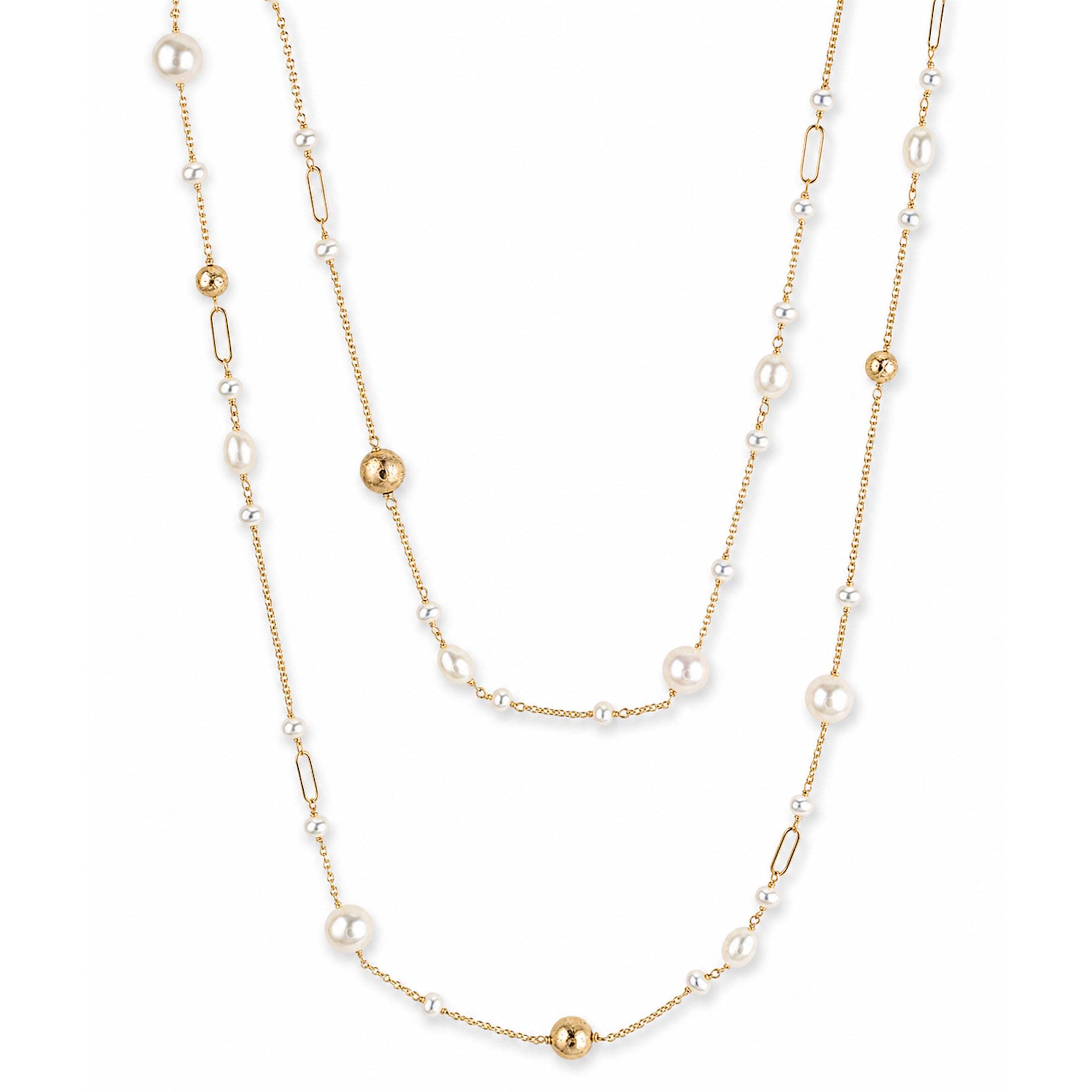14k White Pearl Gold Ball Paperclip Link Necklace