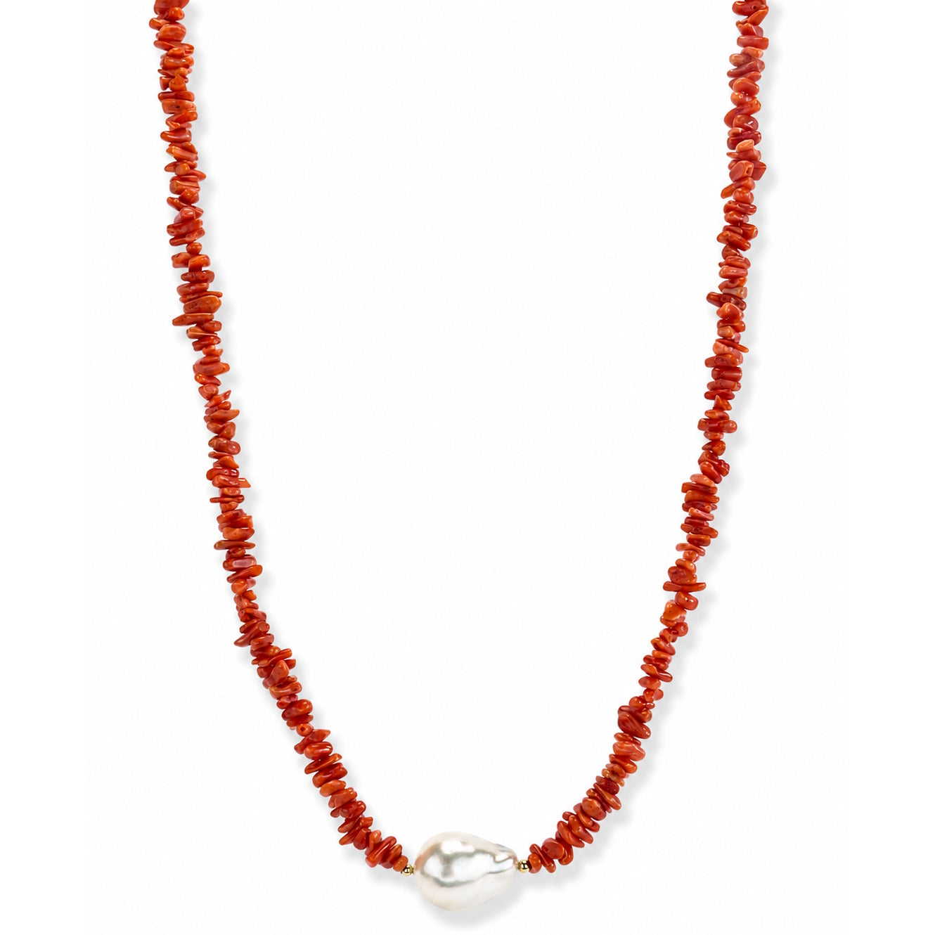 14k Natural Red Coral Chips & Keshi Pearl Center Necklace