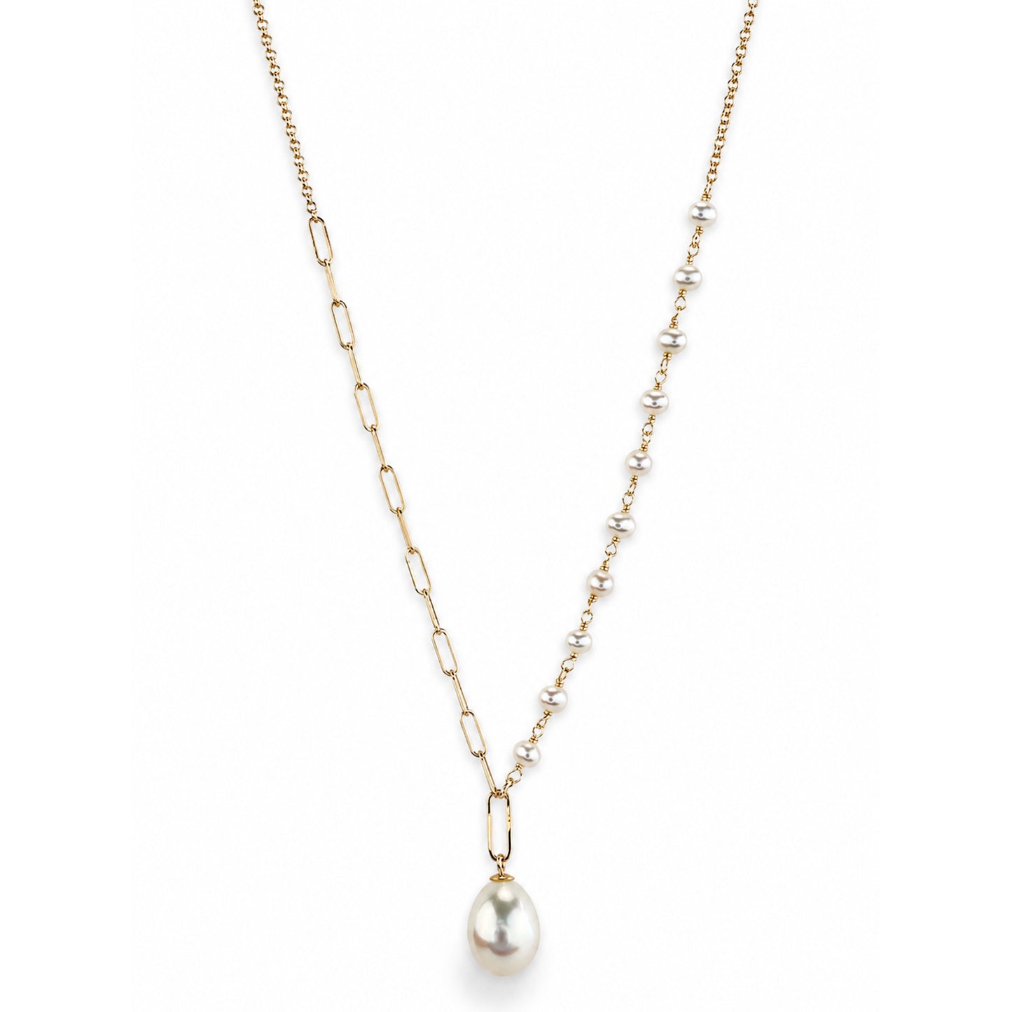 14k White Pearl Paperclip with Drop Pendant Necklace