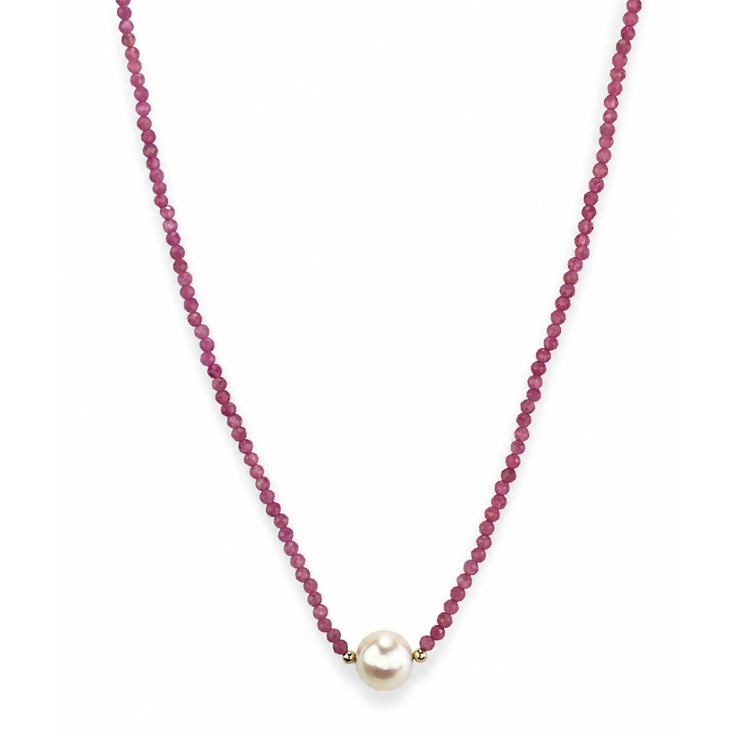 14k Gold Gemstone Small Beads with White Pearl Center Necklace