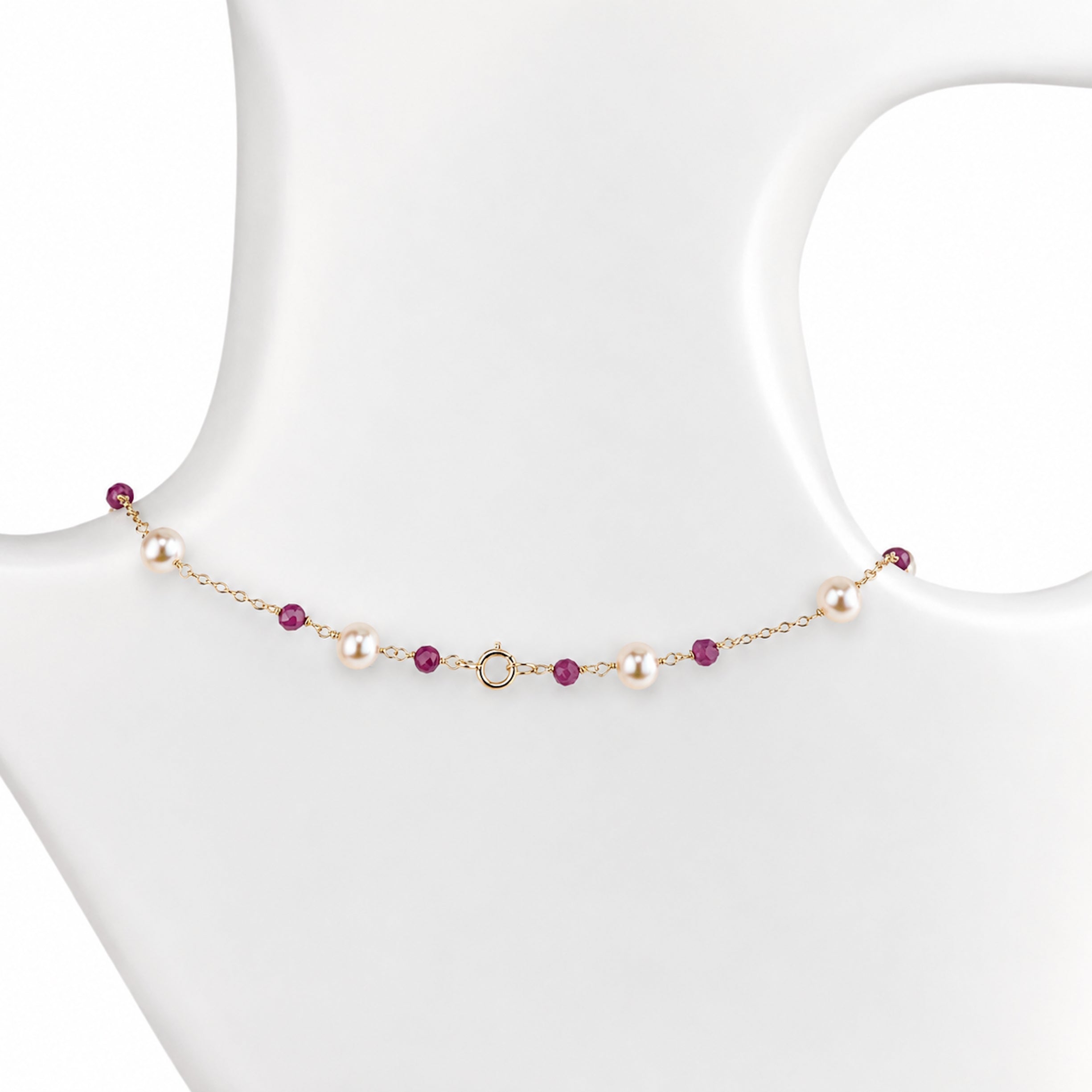 14k White Pearl & Faceted Gemstones Station Necklace