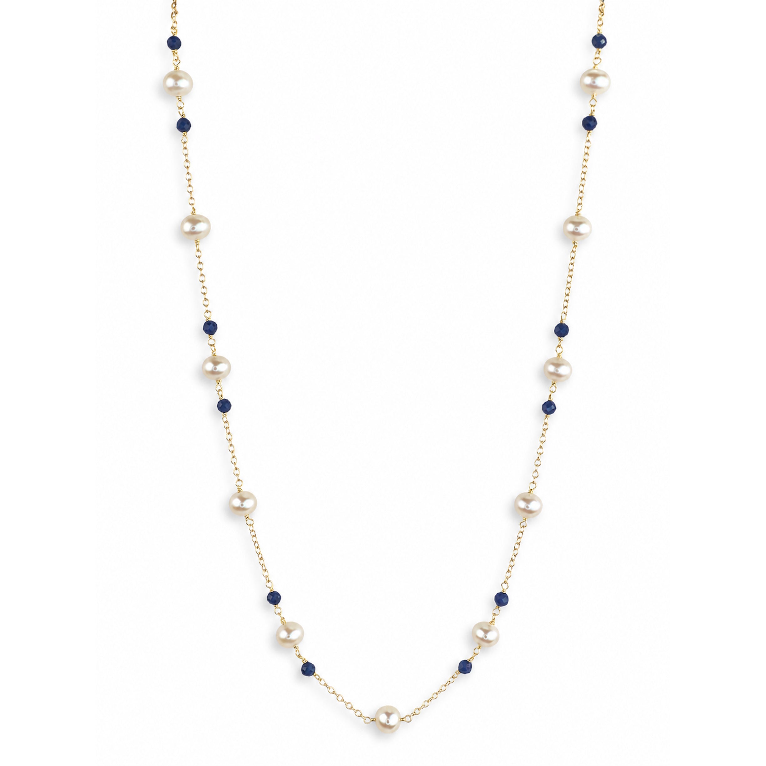 14k White Pearl & Faceted Gemstones Station Necklace