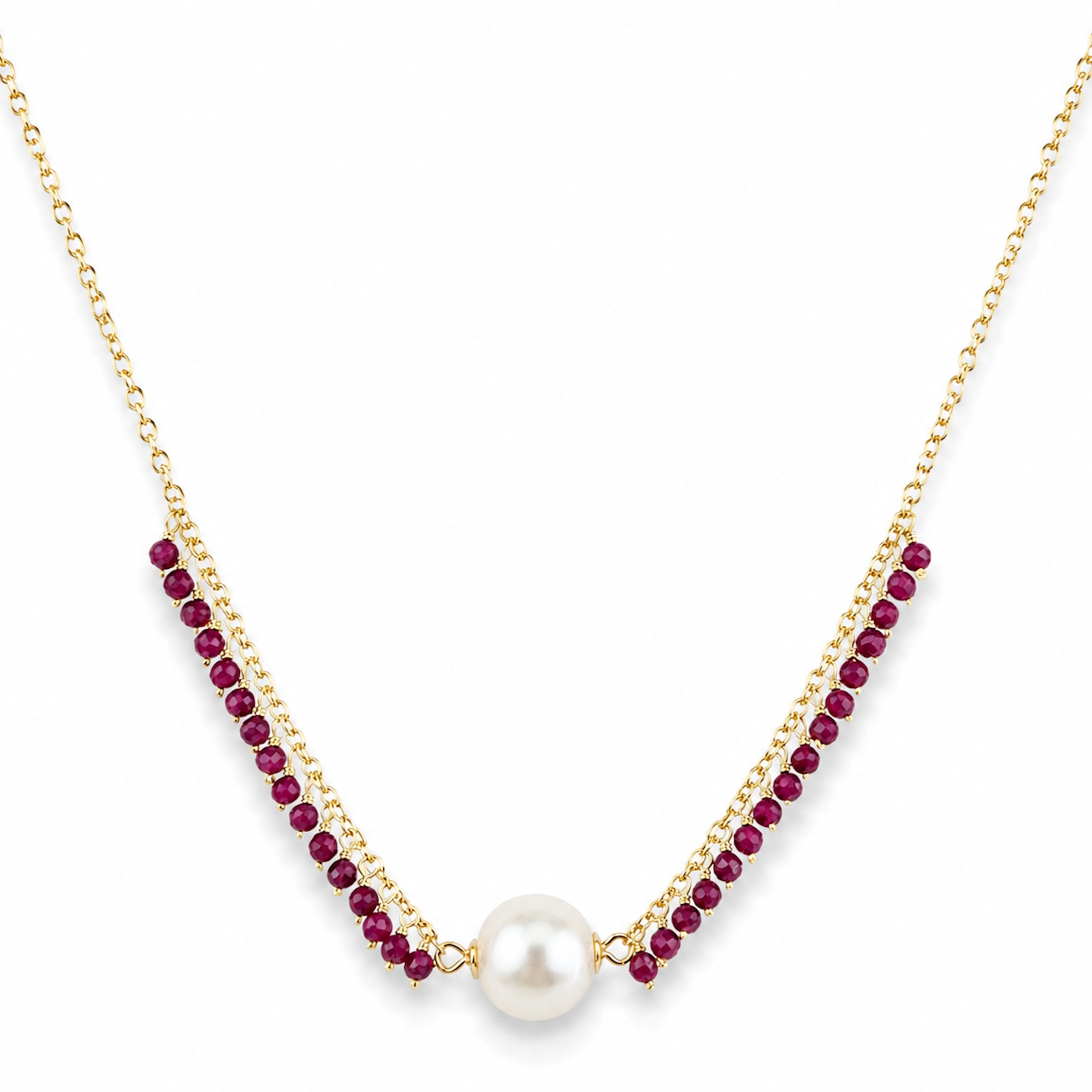 14k White Pearl Center & Dyed Emerald, Ruby or Sapphire Cluster Necklace