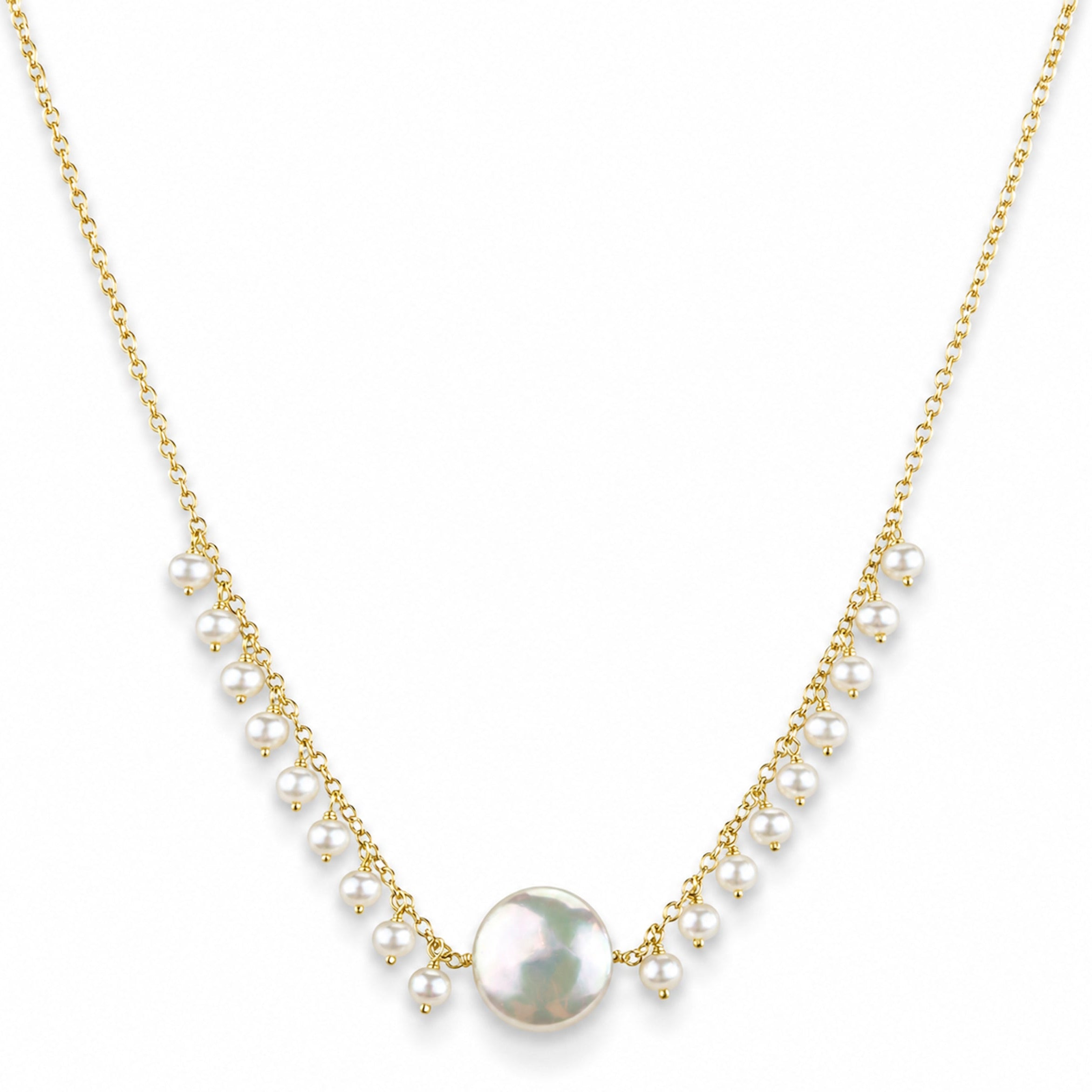 14k White Pearl Coin Center Cluster Necklace