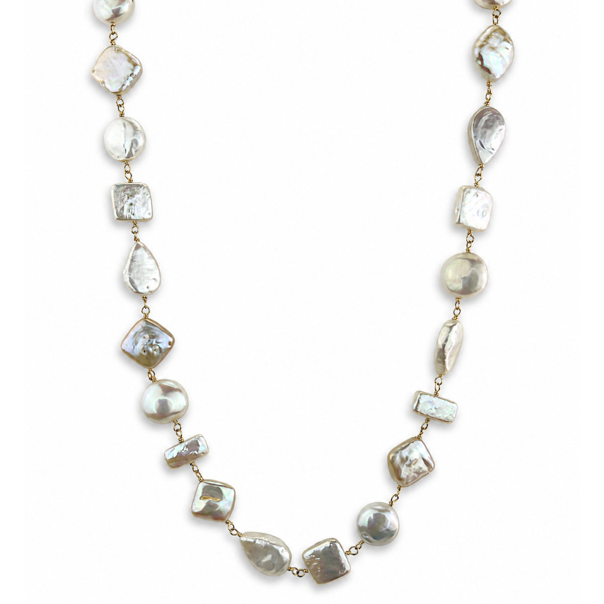 14k White Pearl Mixed Shape Link Necklace