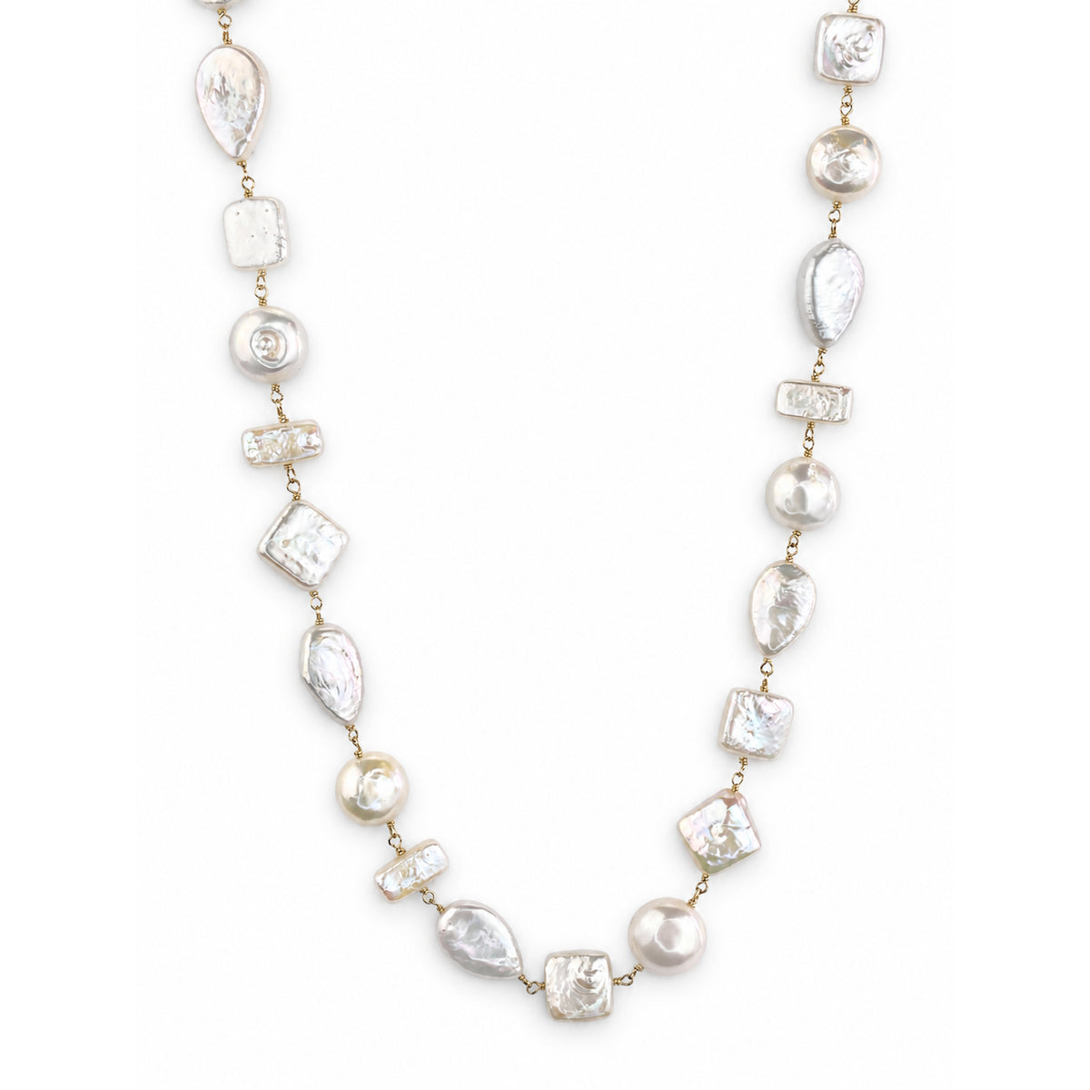 14k White Pearl Mixed Shape Link Necklace