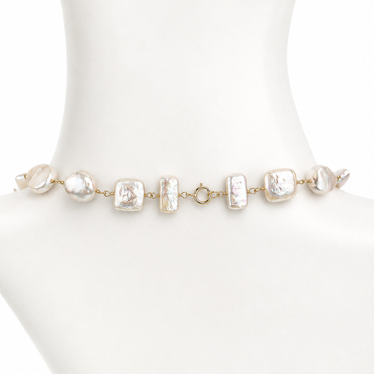 14k White Pearl Mixed Shape Link Necklace